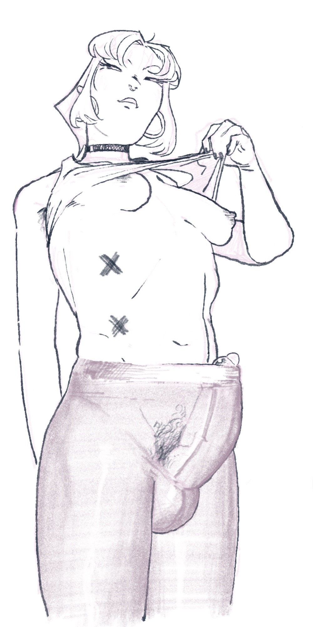 19ad, 1dickgirl, balls, breasts, choker, clothed, clothing, dickgirl, erection, erection under clothes, futanari, human, mostly nude, penis, pubic hair, pulling clothing, solo, solo futa, standing, tagme, topless, transparent clothing