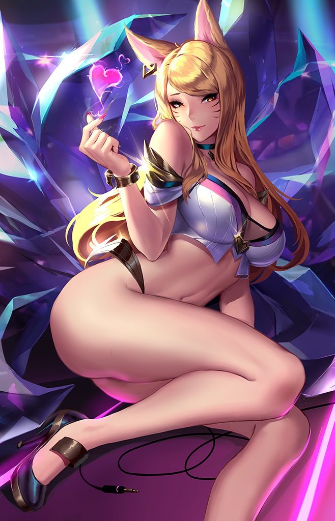 ahri, alternate costume, big breasts, blonde hair, breasts, cianyo, cleavage, female, female only, k/da ahri, k/da series, large breasts, league of legends, lipstick, looking at viewer, solo