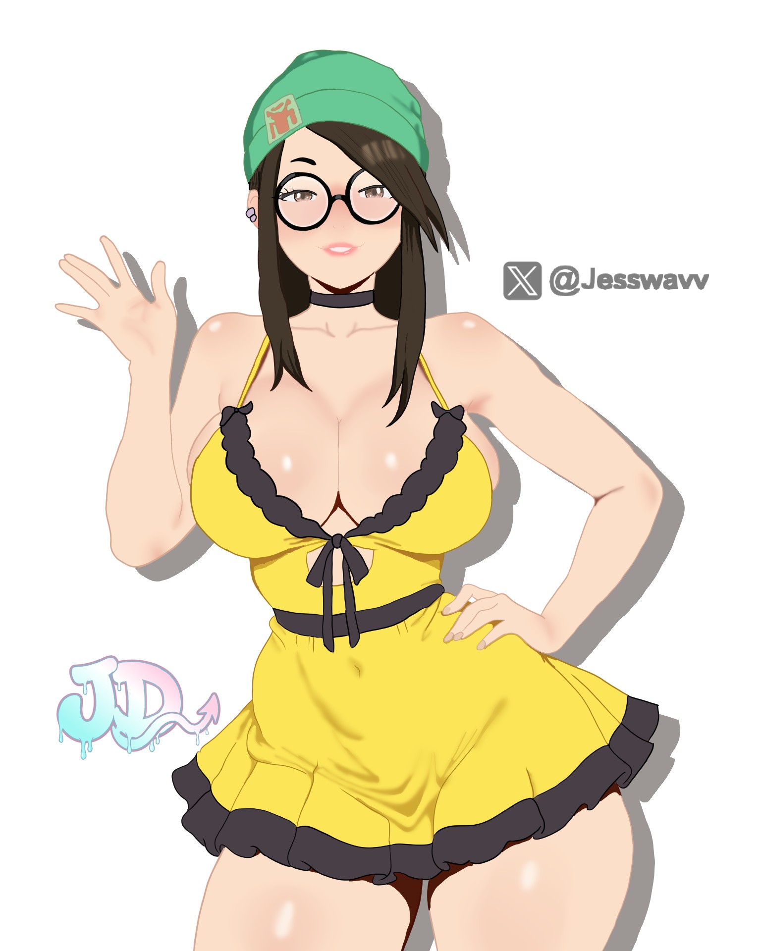 big boobs, big breasts, big butt, brown eyes, brown hair, circular glasses, digital media (artwork), hat, jessdraws, killjoy (valorant), piercings, thick thighs, valorant, yellow dress
