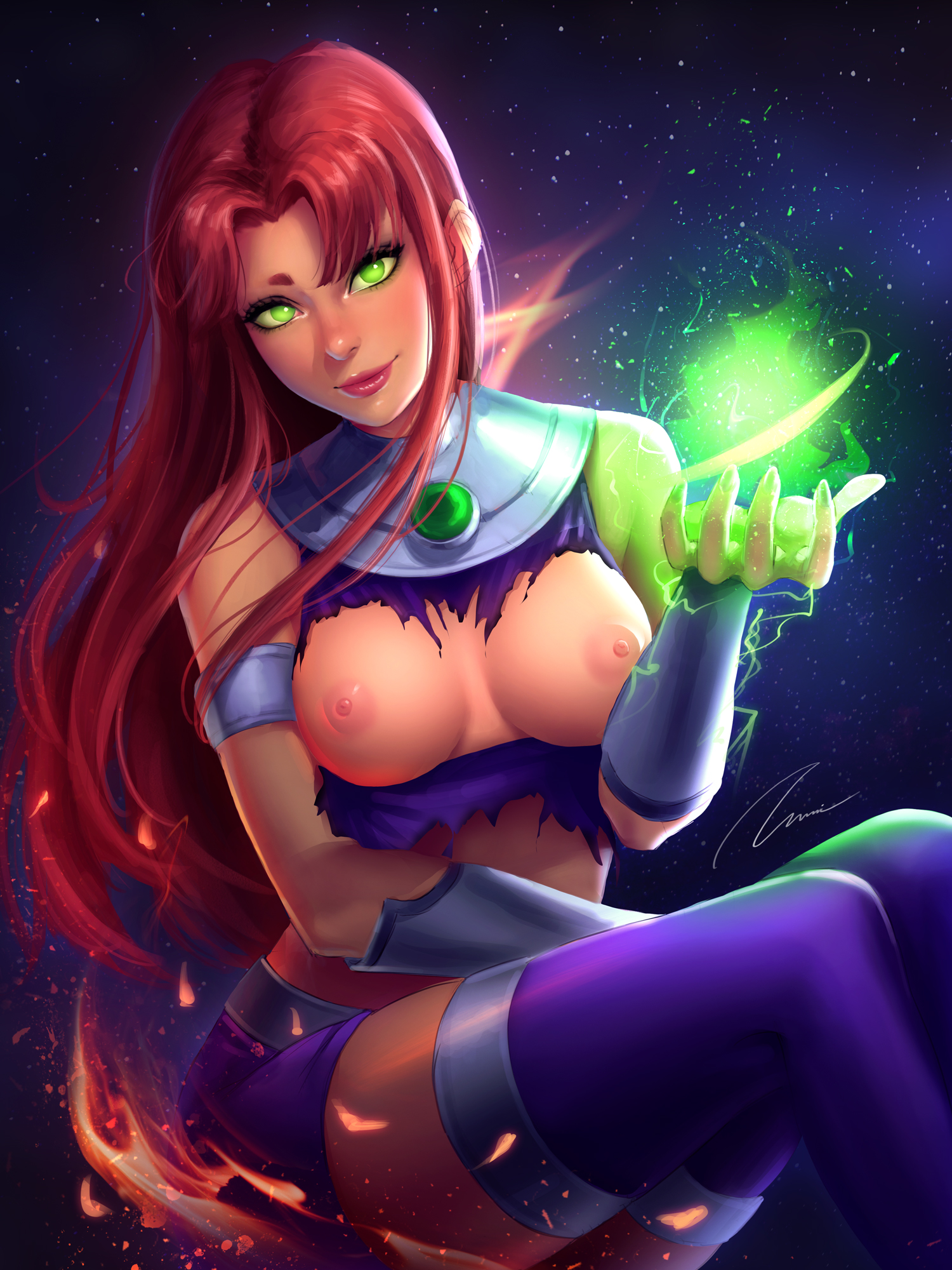 1girls, armlet, bangs, bare shoulders, boots, breasts, breasts out, closed mouth, crop top, dc, dc comics, electricity, energy ball, eyelashes, female, fingernails, fire, gem, green eyes, hand up, head tilt, highres, large breasts, lips, long hair, looking at viewer, midriff, nose, orange skin, paid reward, parted bangs, patreon reward, purple legwear, purple shirt, purple skirt, red hair, shirt, short eyebrows, sidelocks, signature, sitting, skirt, sky, sleeveless, sleeveless shirt, smile, solo, star (sky), starfire, starry sky, superhero, teen titans, thighhighs, torn clothes, umitaro, vambraces