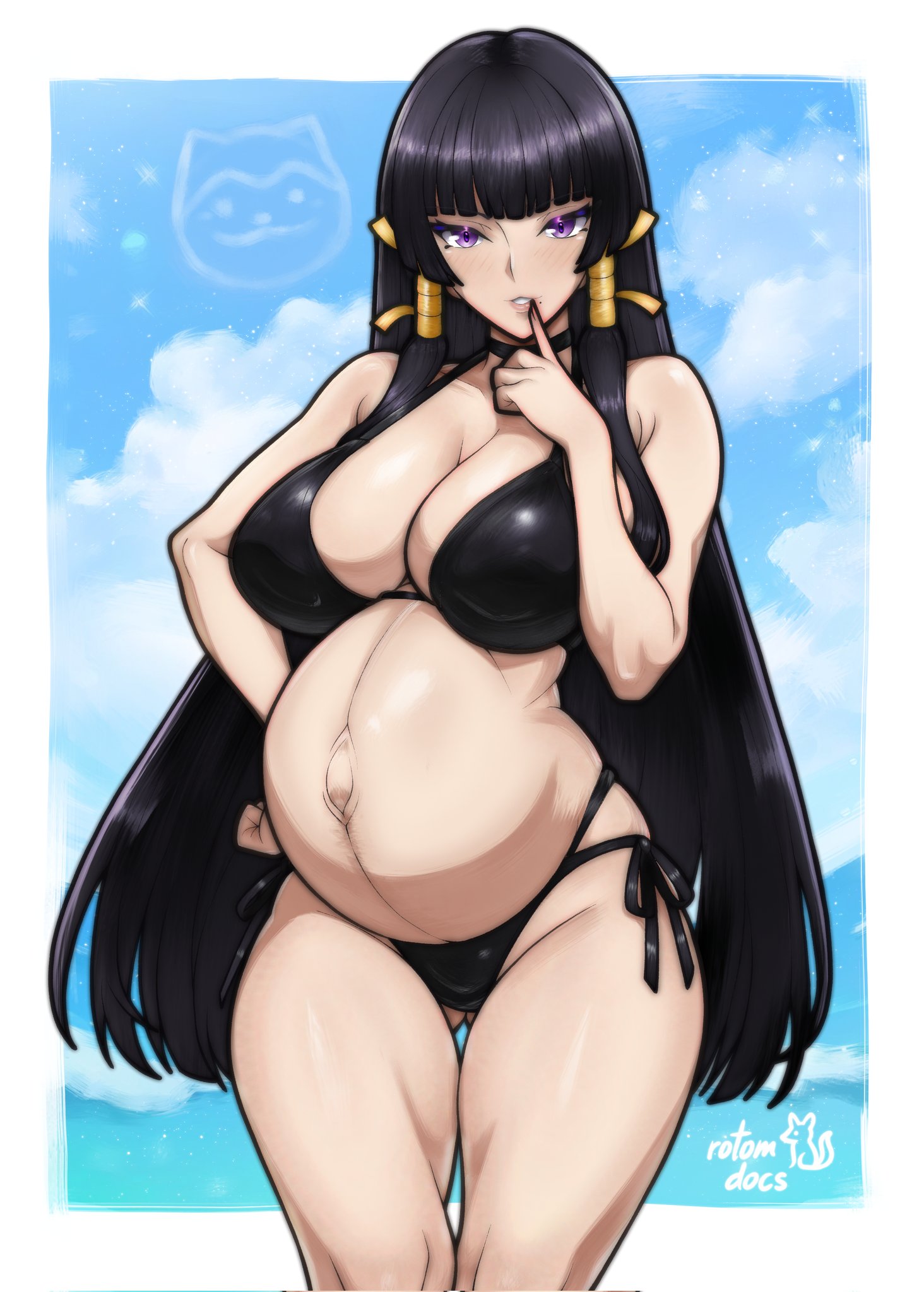 artist name, bare arms, bare shoulders, bikini, black bikini, black choker, black hair, blue sky, blunt bangs, blush, breasts, choker, cleavage, commentary, commission, cowboy shot, dead or alive, english commentary, female, finger to mouth, full cleavage, gluteal fold, hand on own hip, hand up, highres, ko-fi commission, large breasts, long hair, looking at viewer, navel, nyotengu, ocean, outie navel, parted lips, pregnant, purple eyes, rotomdocs, side-tie bikini bottom, sidelocks, signature, sky, smile, solo, stomach, swimsuit, tsurime, very long hair