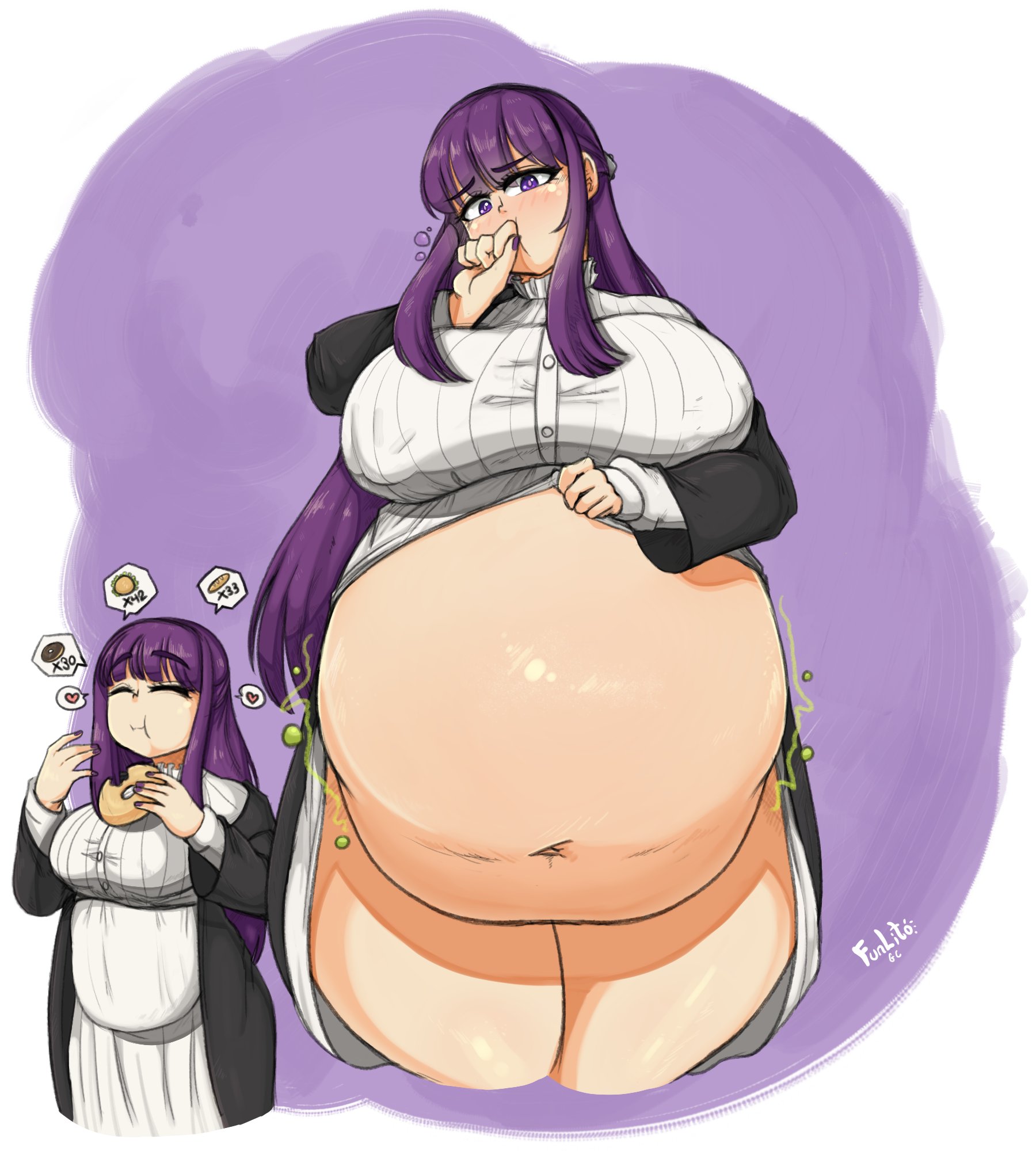 1girls, alternate version available, before and after, belly overhang, breasts, breasts bigger than head, chubby female, eating food, fat, fat female, fat fetish, fatty, female, fern (sousou no frieren), frieren beyond journey's end, funlitogc, gassychan (artist), huge belly, lifting shirt, loud burp, overeating, overweight, overweight female, pantsless, purple background, purple hair, shiny skin, sousou no frieren, stuffing, thick thighs, thunder thighs, thunderthighs, two-tone background, weight gain, white background