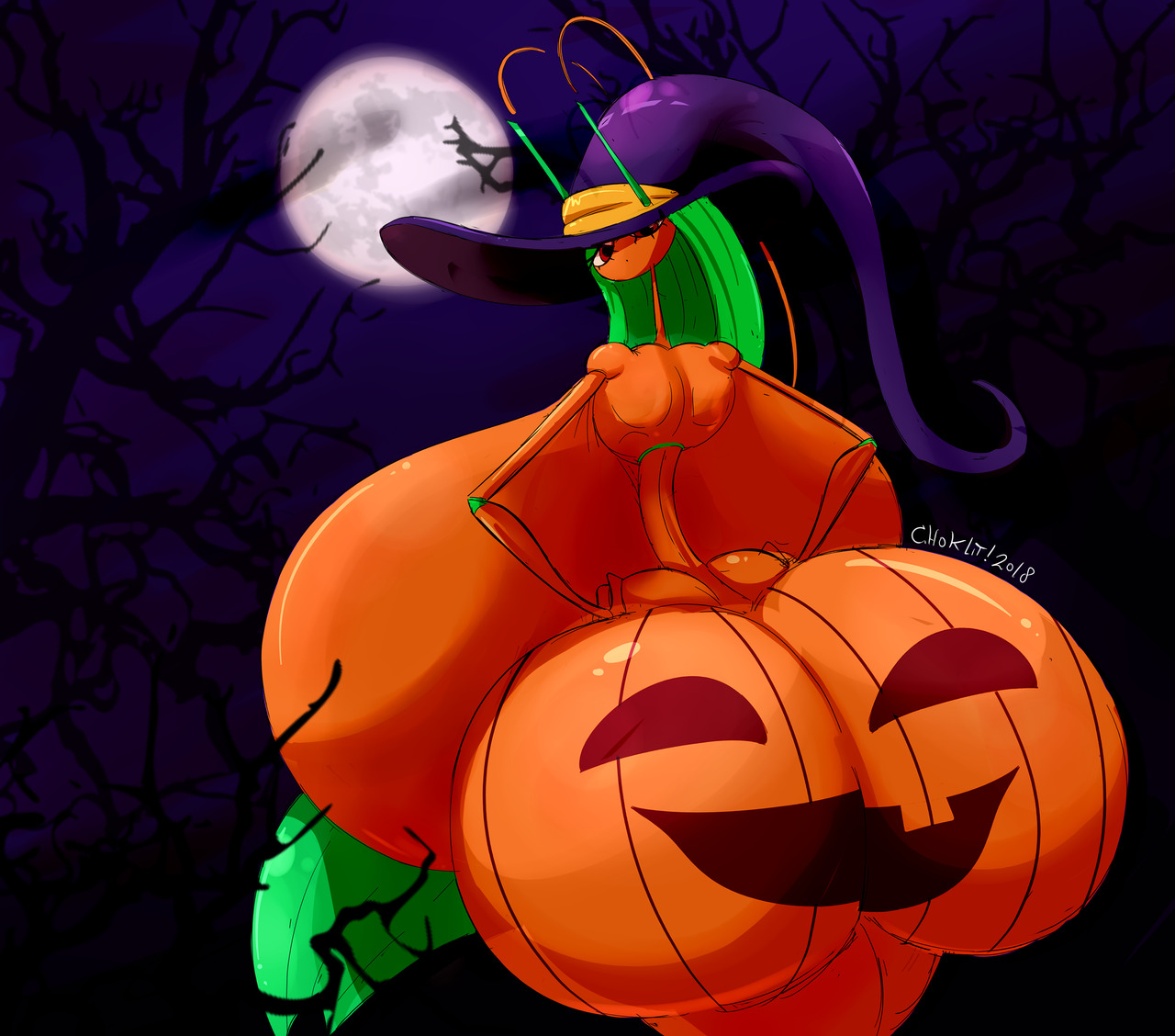 1girls, 2018, alternate color, antennae, ass, ass bigger than body, ass bigger than breasts, ass bigger than head, back, back view, backboob, big ass, big breasts, body paint, breasts, breasts bigger than body, breasts bigger than head, breasts bigger than torso, bubble ass, bubble butt, costume, eyelashes, female, female only, forest, green hair, halloween, hands on hips, hat, huge ass, huge breasts, humanoid, hyper, hyper ass, hyper breasts, insect, jack-o'-lantern, large ass, long hair, looking at viewer, looking back, moon, night, nintendo, nude, orange skin, original character, outdoors, pheromosa, pokemon, pokemon (species), pokemon sm, pumpkin butt, purple background, red eyes, sideboob, sky, solo, standing, tasteofchoklit, text, thick thighs, thin waist, tree, voluptuous, watermark, wide hips