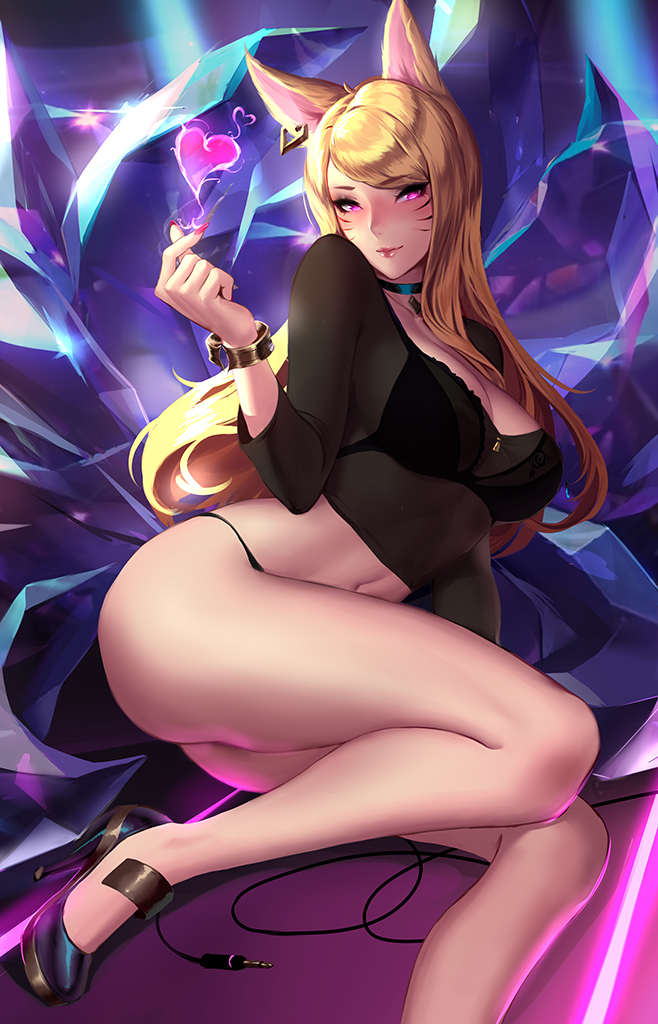 ahri, alternate costume, big breasts, blonde hair, breasts, cianyo, cleavage, female, female only, k/da ahri, k/da series, large breasts, league of legends, lipstick, looking at viewer, solo