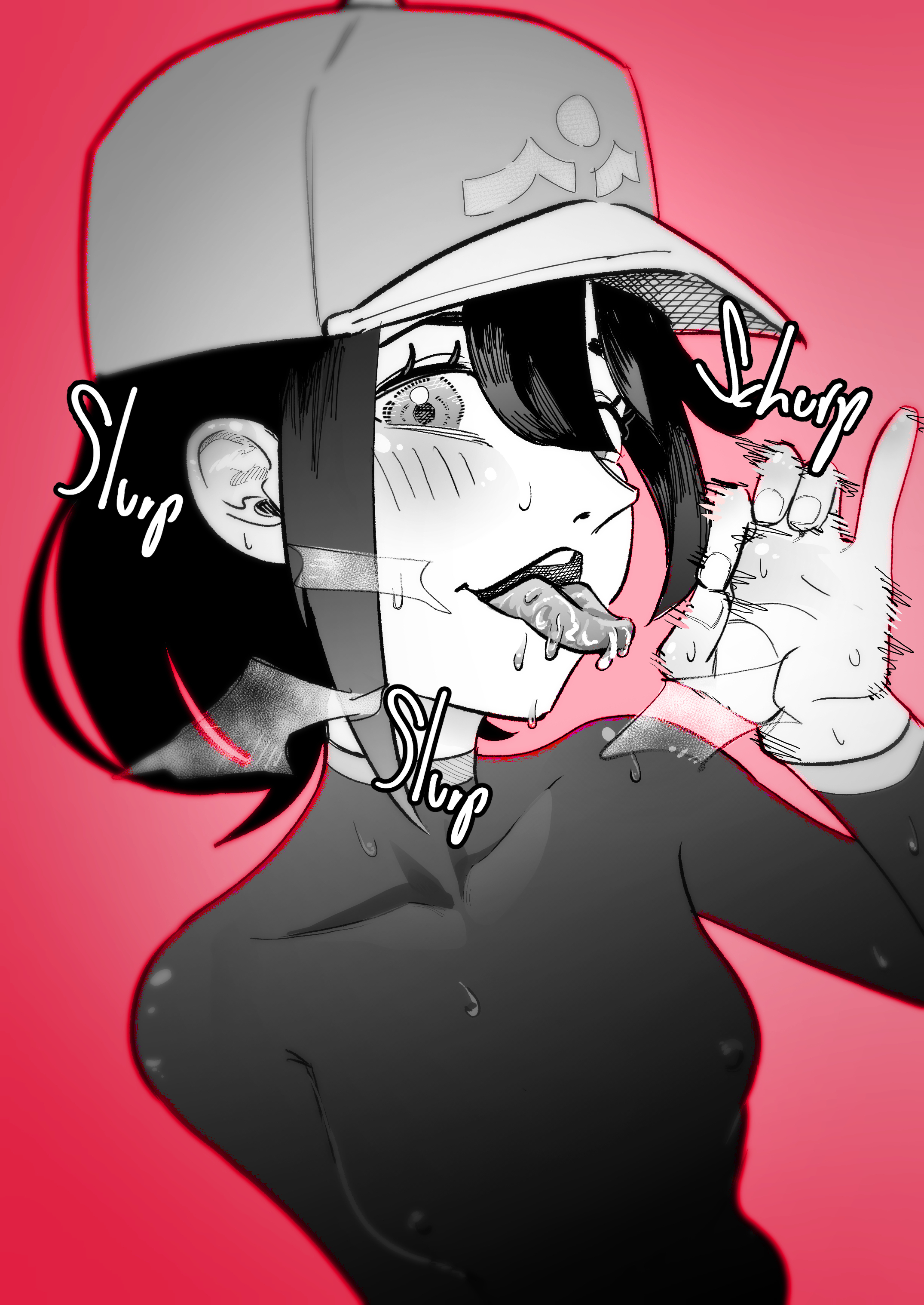 1girls, blowjob gesture, cap, female, female pokemon protagonist, female protagonist (pokemon ww), game freak, gesture, handjob gesture, hat, looking at viewer, mioshi no yubi, naughty face, nintendo, nipple bulge, pokemon, pokemon ww, red background, solo, sweat, sweatdrop, sweating, tongue, tongue out, wetsuit, young female