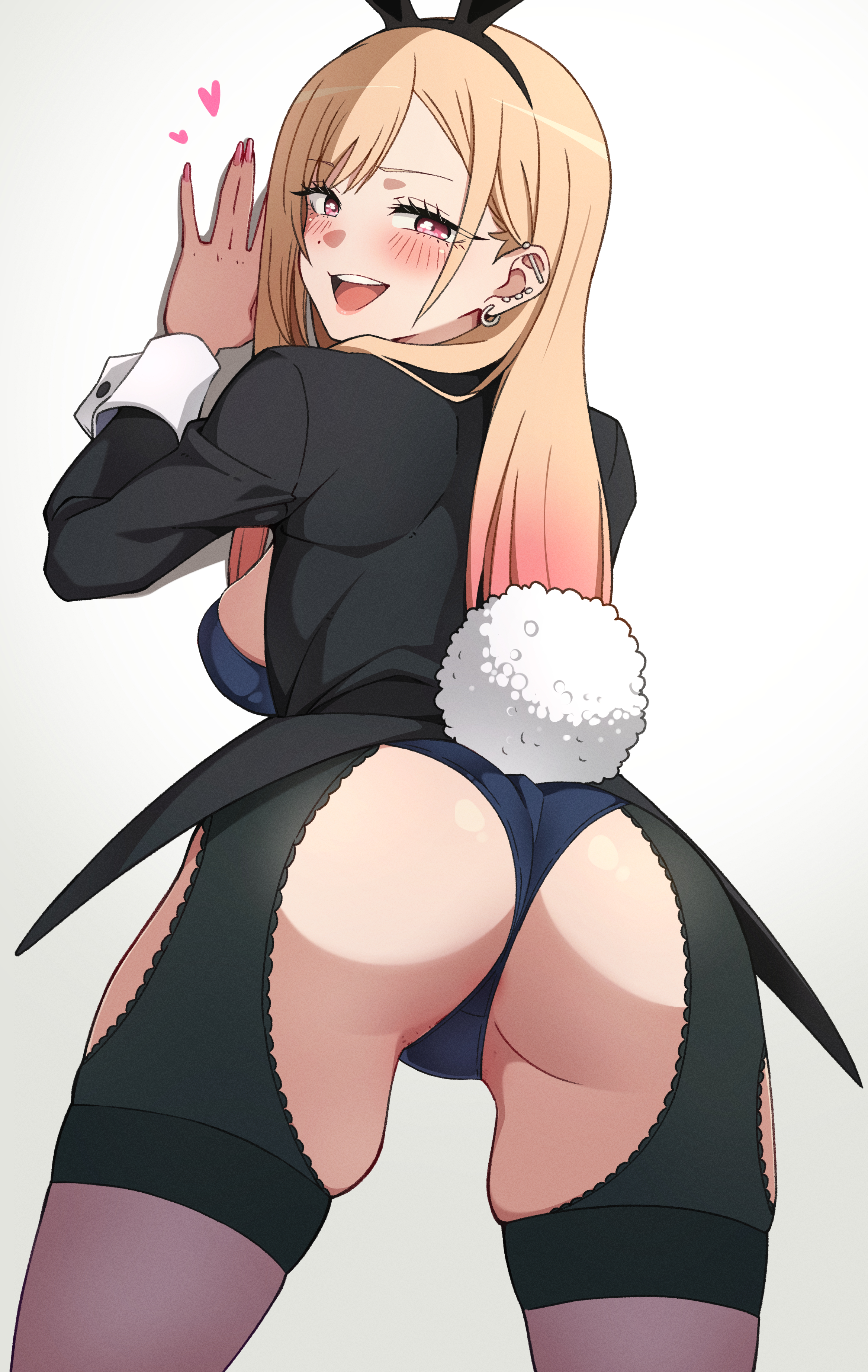 1girls, animanghayodraw, ass, ass focus, blonde hair, blush, breasts, bunny ears, bunny girl, bunny tail, bunnysuit, earrings, female, female only, gyaru, hi res, highres, kitagawa marin, light skin, light-skinned female, looking at viewer, looking back at viewer, open mouth, solo, sono bisque doll wa koi wo suru, standing, thighhighs, thighs, two-tone hair