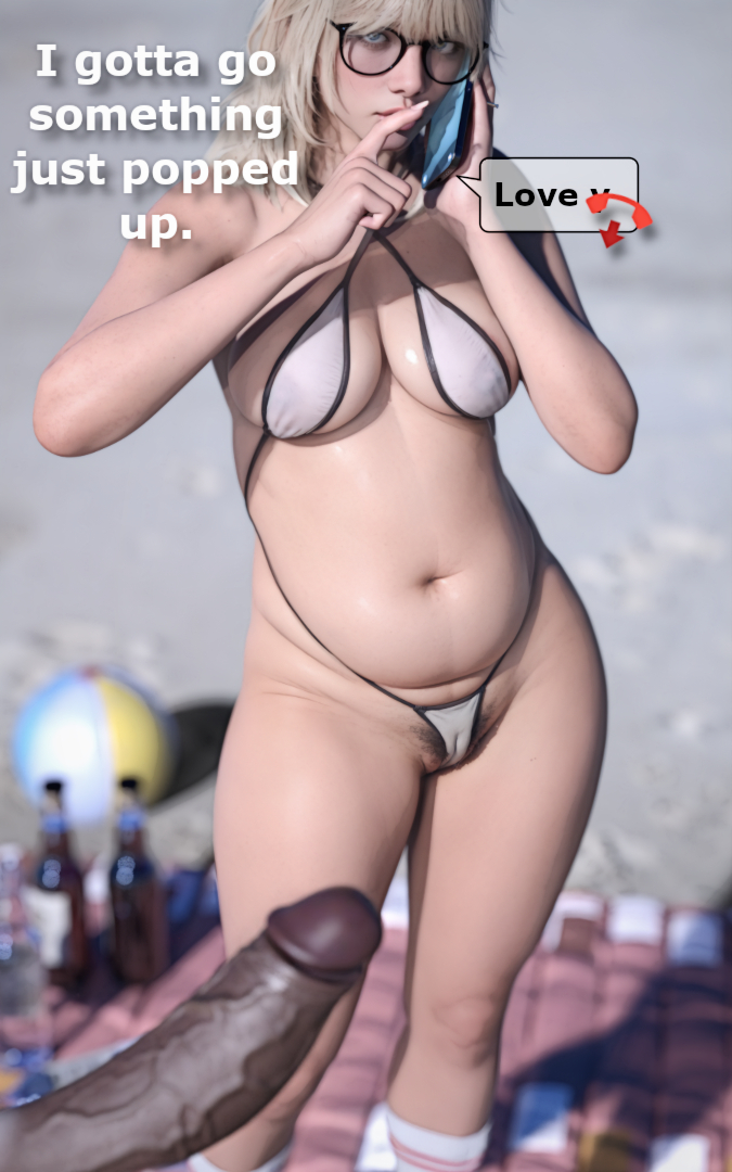 alcohol, alcoholic drink, bangs, beach, belly, bikini, blonde hair, blue eyes, bull pov, cameltoe, cellphone, cheating, cheating wife, chubby, cuckold, dark skin, dark-skinned male, dyed hair, english text, erection, fat, fat female, female, glasses, hdr ntrgirl, hdregrets, interracial, large penis, male, netorare, ntr, penis, plump, pov, pubic hair, socks, swimsuit, text, tummy, veiny penis