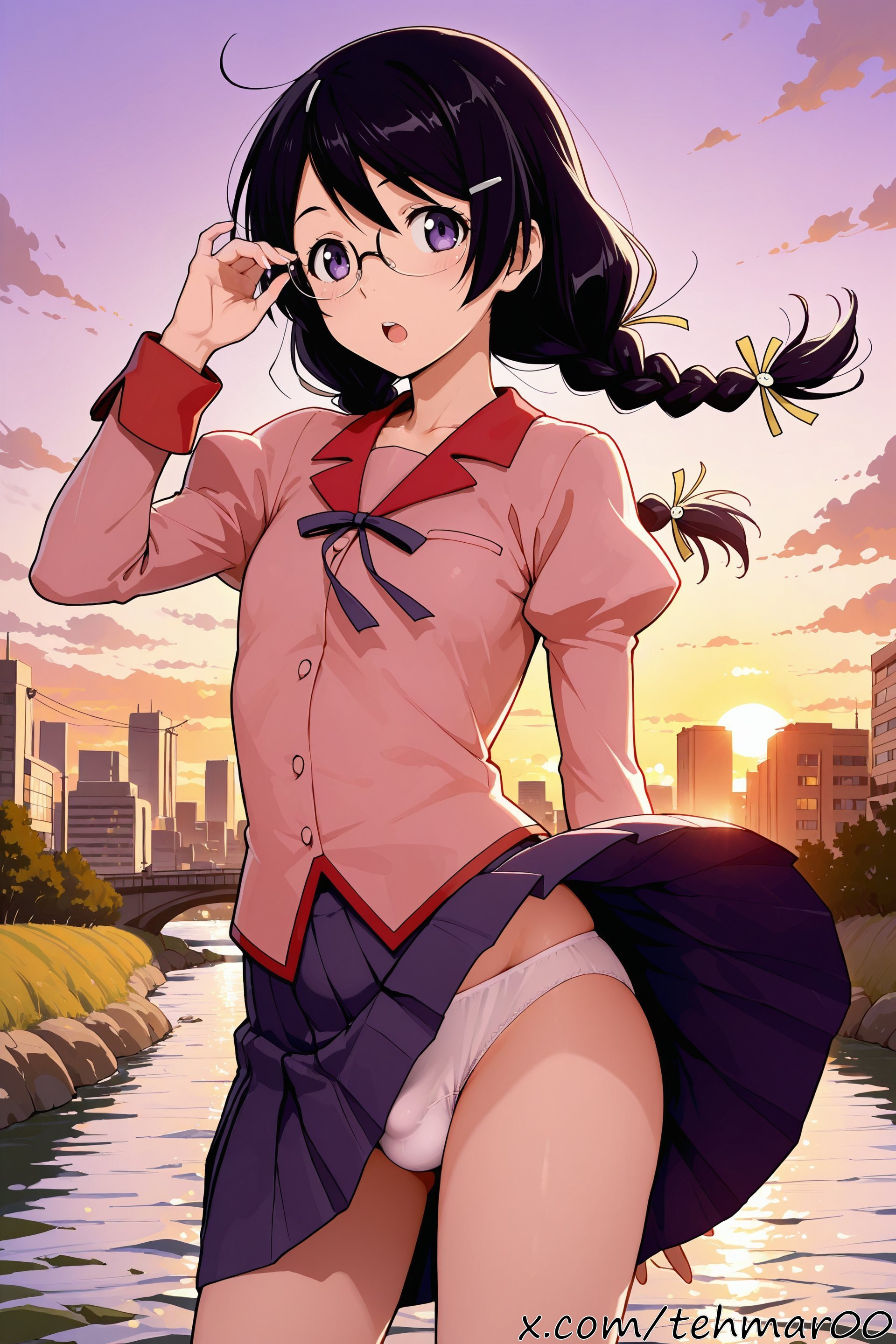 1boy, ai generated, black hair, braid, bulge, femboy, glasses, hair ornament, hairclip, hanekawa tsubasa, juliet sleeve, long hair, long sleeves, looking at viewer, male, monogatari (series), naoetsu high school uniform, open mouth, outdoors, panties, pink shirt, pleated skirt, puffy sleeves, purple eyes, ribbon, school uniform, skirt, solo, standing, sunset, tagme, tehmar, trans woman, transfem, trap, twin braids, underwear, water, white panties, wind, wind lift