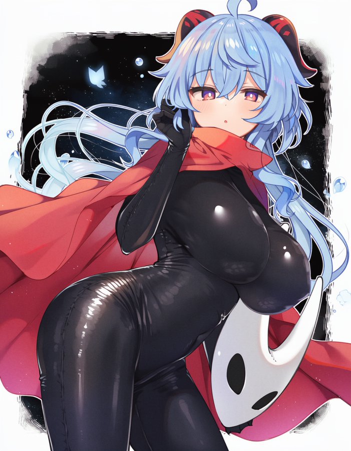 1girls, ai assisted, ai generated, big breasts, black bodysuit, blue hair, bodysuit, breasts, cosplay, female, female only, ganyu (genshin impact), genshin impact, hollow knight, hollow knight: silksong, hornet (hollow knight) (cosplay), huge breasts, jpeg, large breasts, long hair, shiny clothes, solo, twitter, unajyu