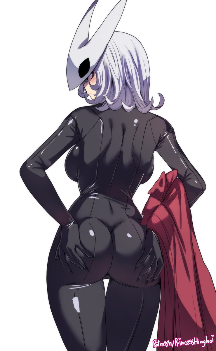 1girls, ass, black bodysuit, black latex, bodysuit, female, female only, hands on ass, hinghoi, hollow knight, hollow knight: silksong, hornet (hollow knight), jpeg, latex, latex clothing, latex suit, signature, silksong, solo, twitter