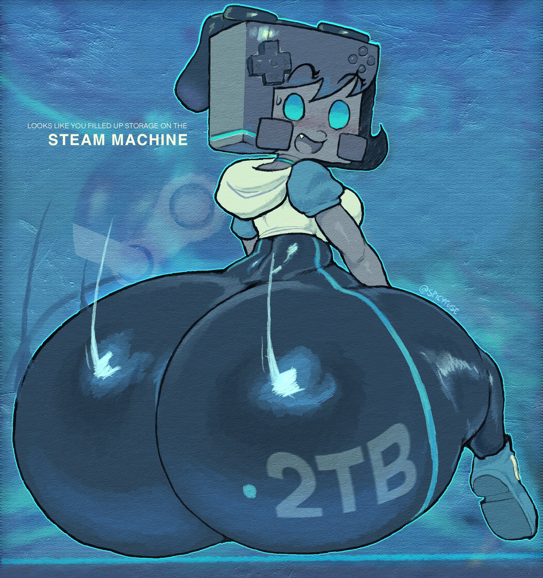 2025, 2d, 2d (artwork), anthrofied, ass, ass focus, big ass, black hair, black legwear, blush, blush lines, clothed, clothing, controller, flustered, high resolution, hoodie, huge ass, looking at viewer, looking back, robot, robot girl, spicyfuse, steam (software), steam machine (valve), tagme, valve, valve (company)