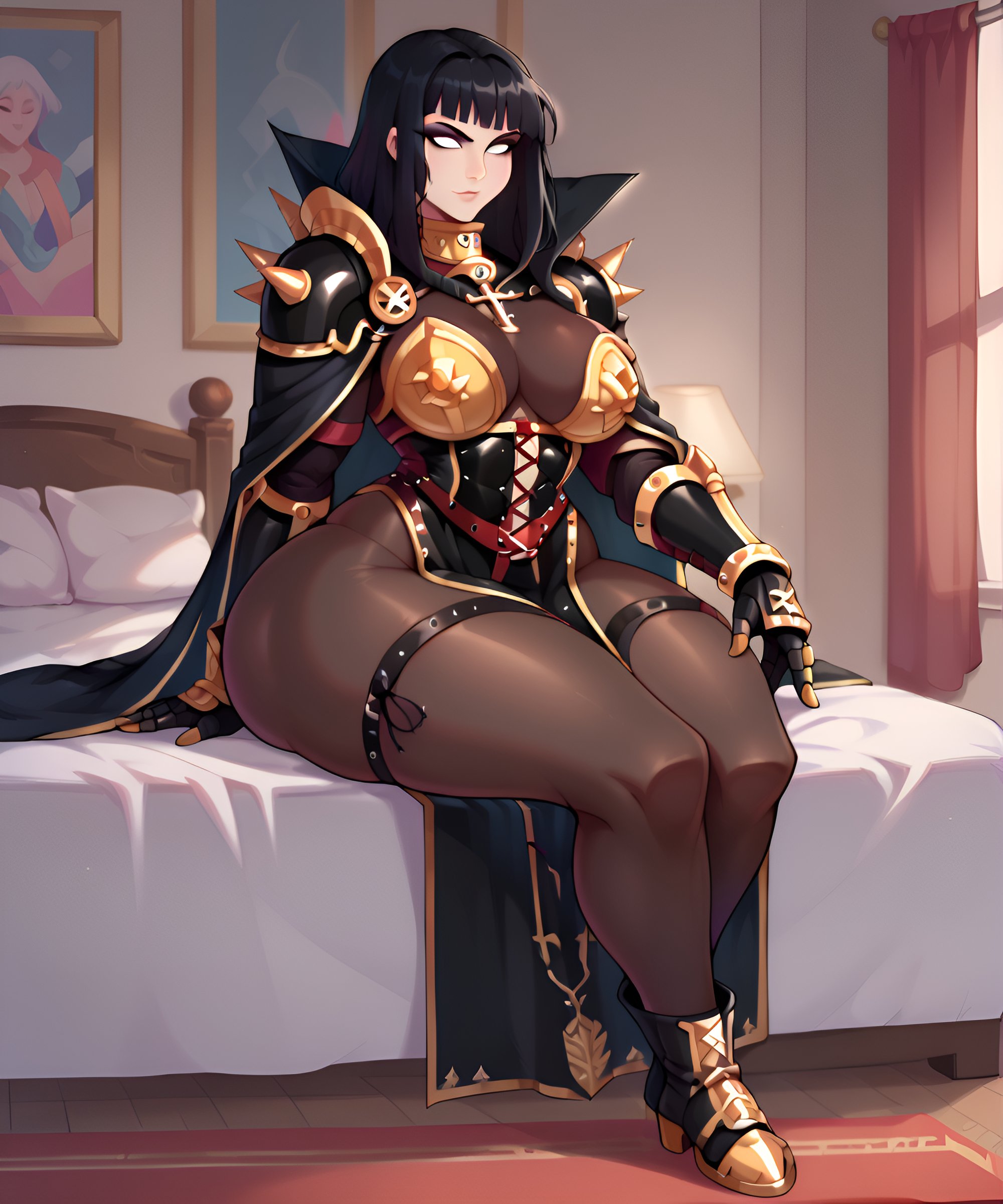 1girls, adepta sororitas, ai generated, black armor, black hair, breasts, chaos (warhammer), cleavage, corrupted, corruption, eteeming, female, female only, fully clothed, imperium of man, large breasts, mature female, miriael sabathiel, order of our martyred lady, power armor, sister of battle, sitting on bed, solo, solo female, thicc, traitor, warhammer (franchise), warhammer 40k