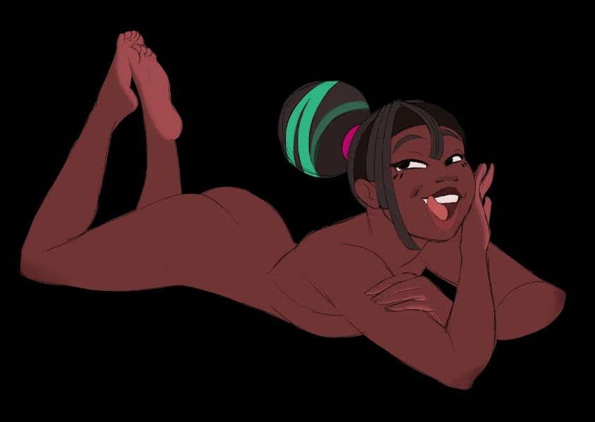 1girls, ass, barefoot, black background, black hair, black headband, breasts, capy diem, convenient censoring, convenient censorship, dark skin, dark-skinned female, feet, feet together, female, female focus, female only, green highlights, headband, laying on floor, laying on stomach, licking teeth, looking at viewer, naked, naked female, nude, nude female, shay (capydiem), solo, solo female, solo focus, teardrop tattoo, tied hair, tongue