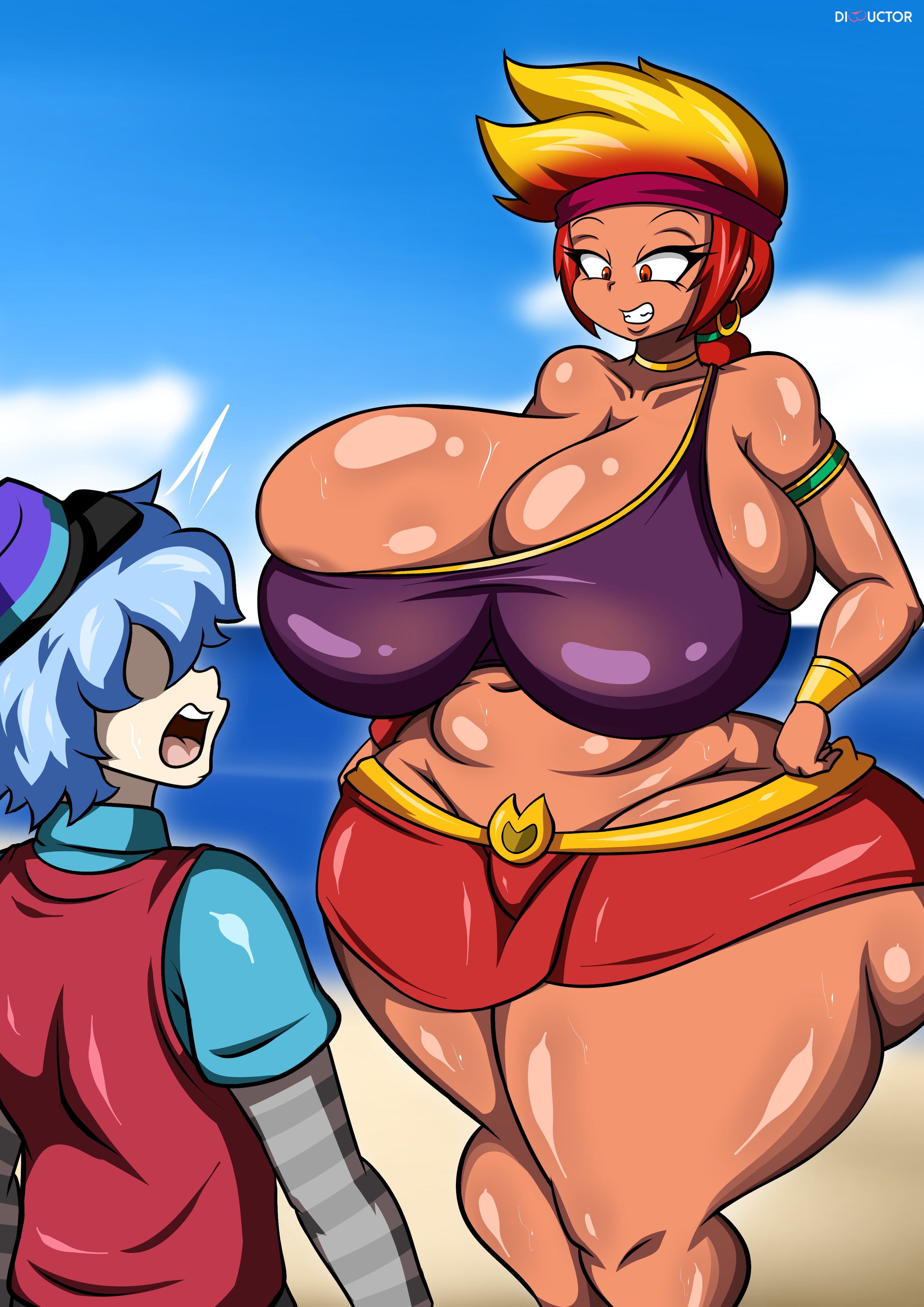 1boy, 1girls, amber (brawl stars), aqua hair, ass, beach, big ass, big breasts, blue hair, brawl stars, breasts, clothed, clothed female, clothed male, clothing, dibuctor, ear piercing, earrings, female, gradient hair, huge ass, huge breasts, latina, long hair, lou (brawl stars), male, open mouth, piercing, piercings, ponytail, red eyes, short hair, smile, smiling, straight, tan, tan body, tan skin