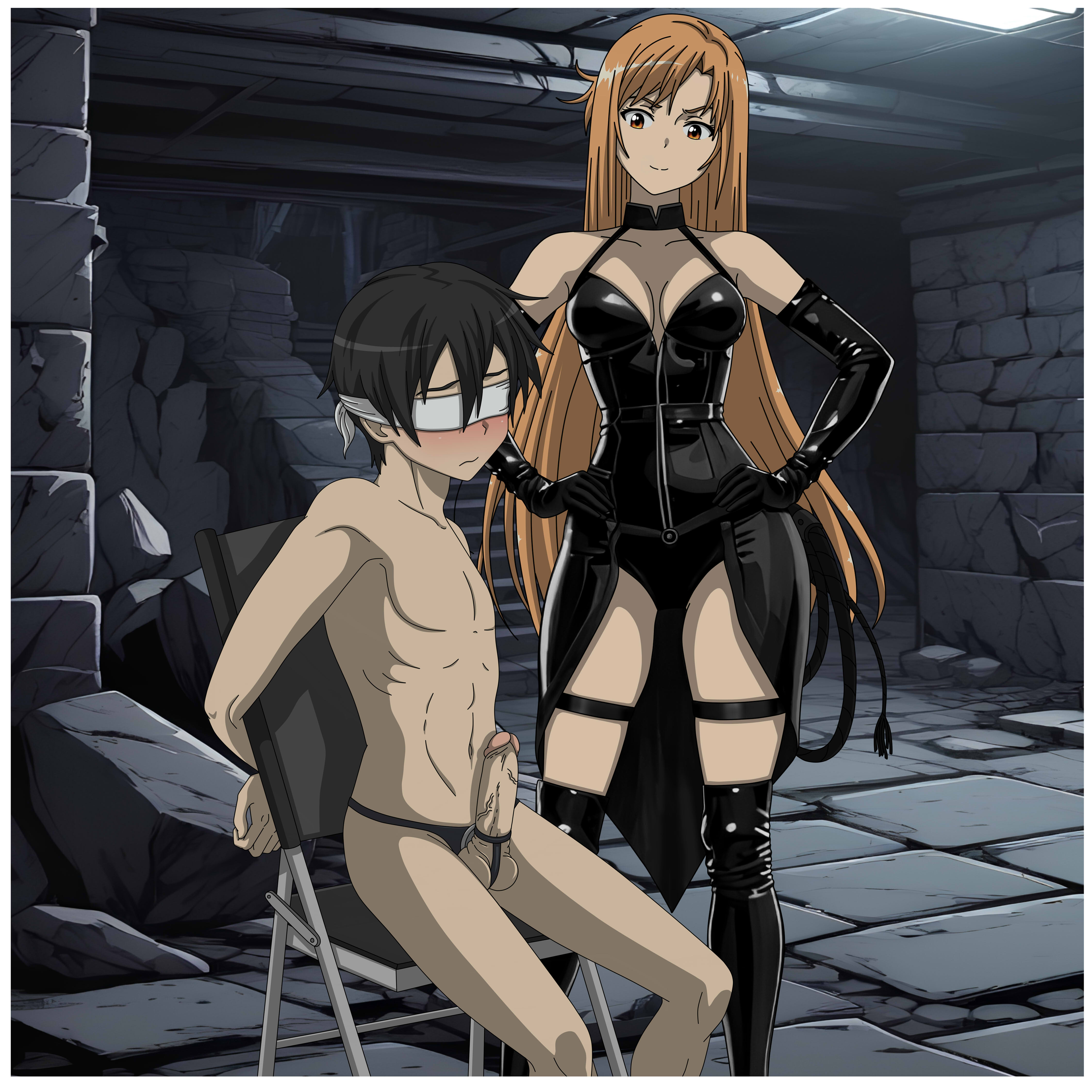 blindfold, bondage, chair, chair tied, cock ring, dominatrix, dominatrix outfit, female, femdom, kidnapped, kirito, male, nervous male, nonconsensual, penis, serisabibi, sword art online, yuuki asuna