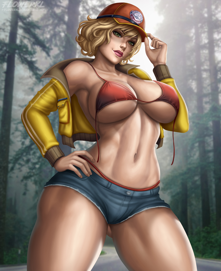 abs, big breasts, blonde hair, bra, breasts, cap, cindy aurum, cleavage, female, female only, final fantasy, final fantasy xv, flowerxl, jacket, jean shorts, large breasts, solo, tagme
