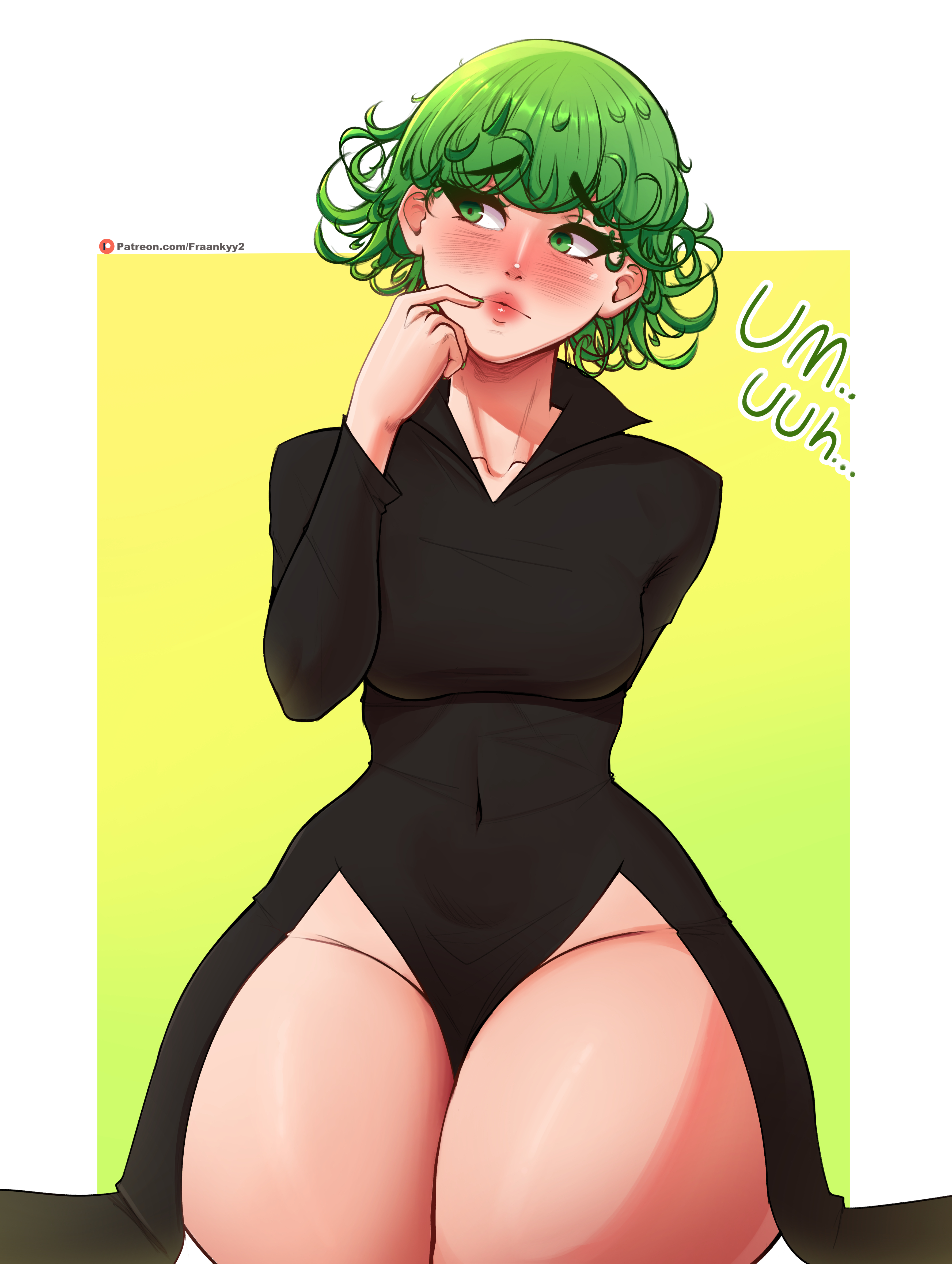1girls, blush, breasts, dress, female, finger in mouth, fraankyy, green eyes, green hair, lipstick, looking away, midriff, one-punch man, open dress, short hair, shy, solo, stuttering, tatsumaki, thick thighs, thinking, tight clothes, tight clothing, tight dress, tight fit, wide hips