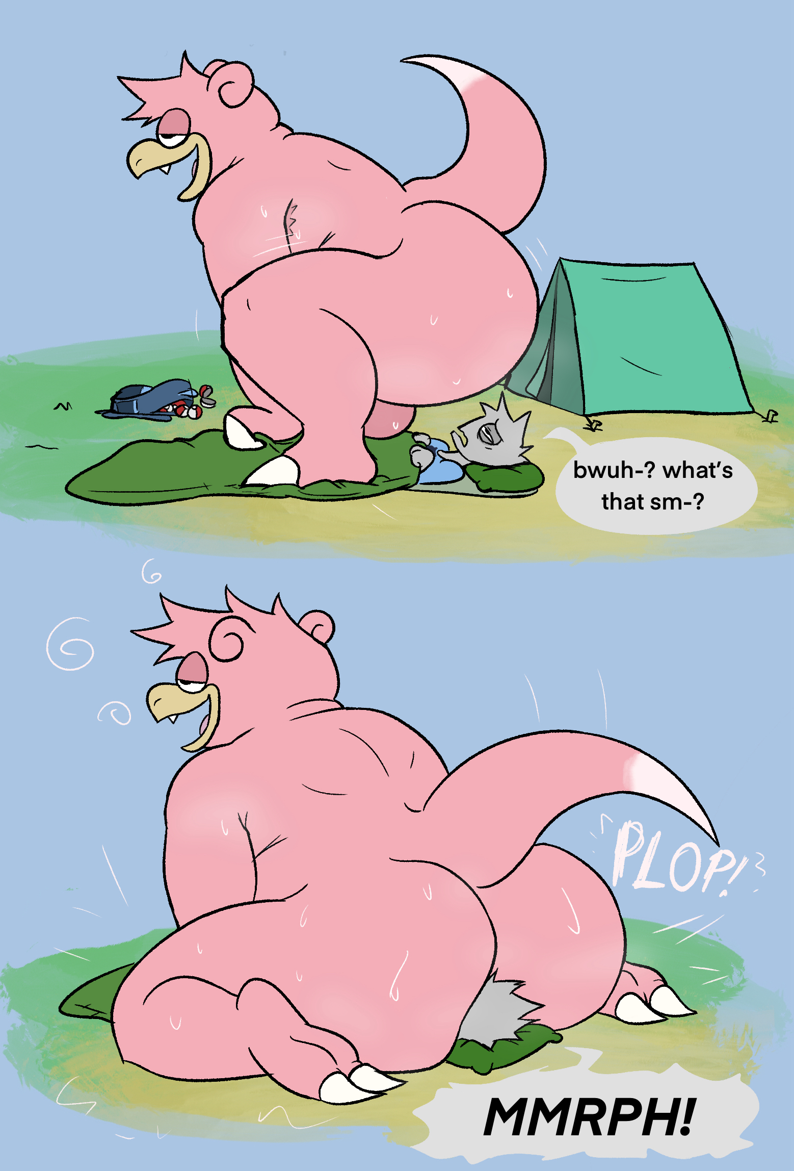 furry, gay, happyroadkill, pokemon, pokemon (species), slowpoke, text, text bubble