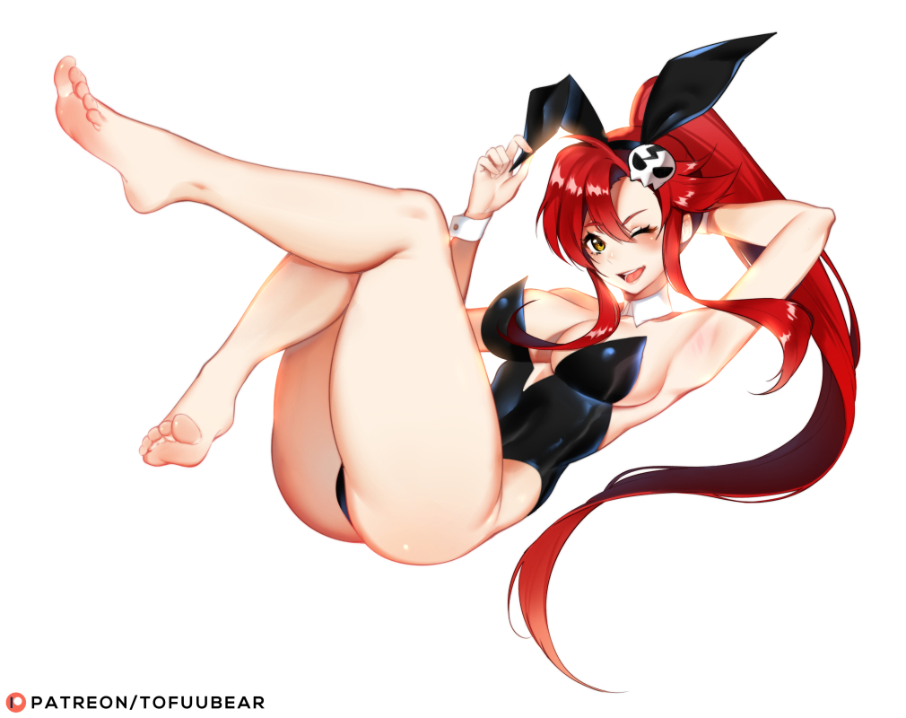 1girls, barefoot, big breasts, blush, breasts, bunny ears, bunny girl, bunnysuit, cleavage, feet, female, female only, foot fetish, large breasts, looking at viewer, open mouth, red hair, solo, tengen toppa gurren lagann, toes, tofuubear, white background, wink, yellow eyes, yoko littner