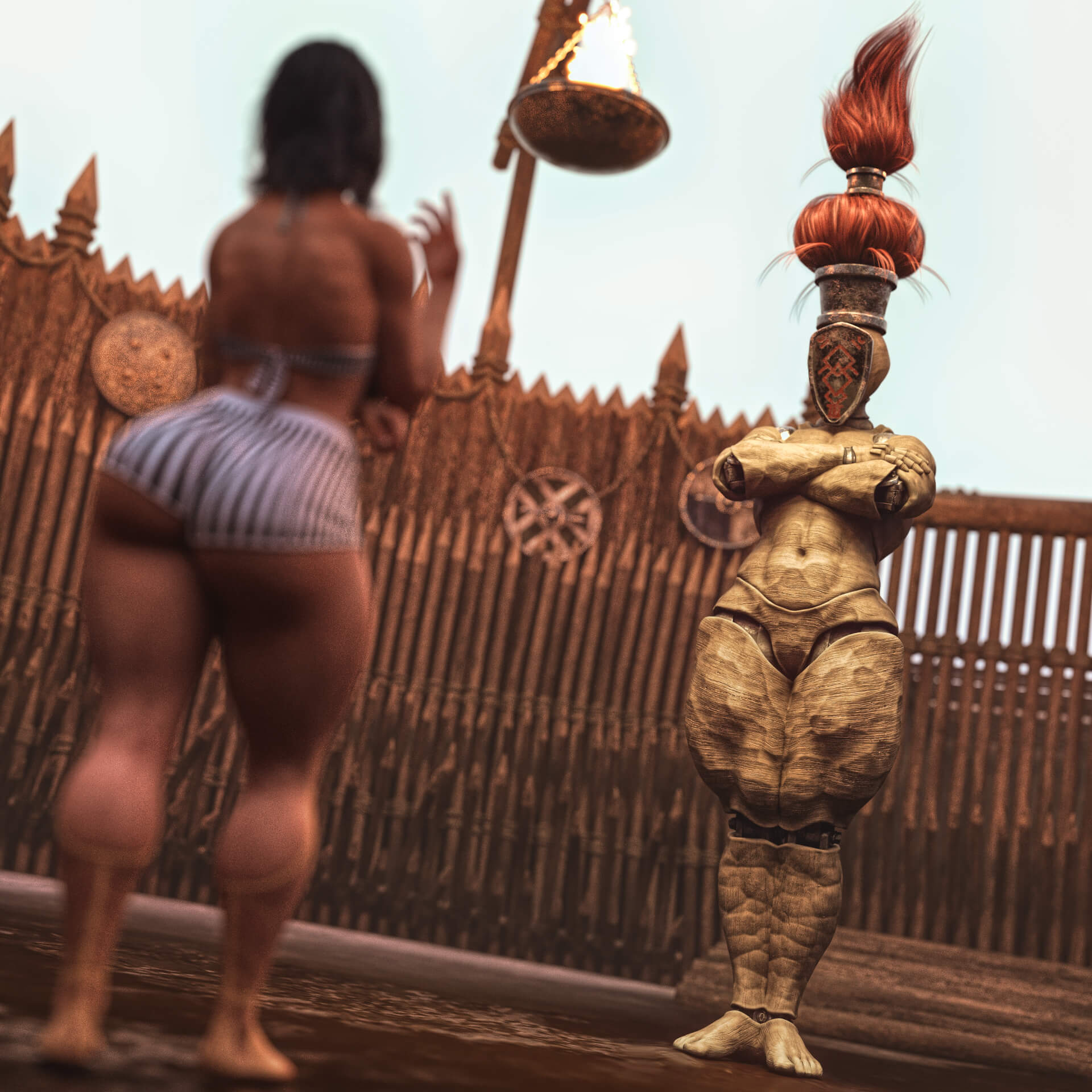 2girls, 3d, 3d (artwork), alternate body type, ass, big hair, blurry foreground, clair obscur: expedition 33, crossed arms, depth of field, doll joints, female, female only, g8f, gestral, golgra (clair obscur: expedition 33), height difference, lune (clair obscur: expedition 33), mask, multiple females, multiple girls, solo focus, squarepeg3d, striped, striped swimsuit, swimsuit, tall female, thick thighs, underbutt, wood skin