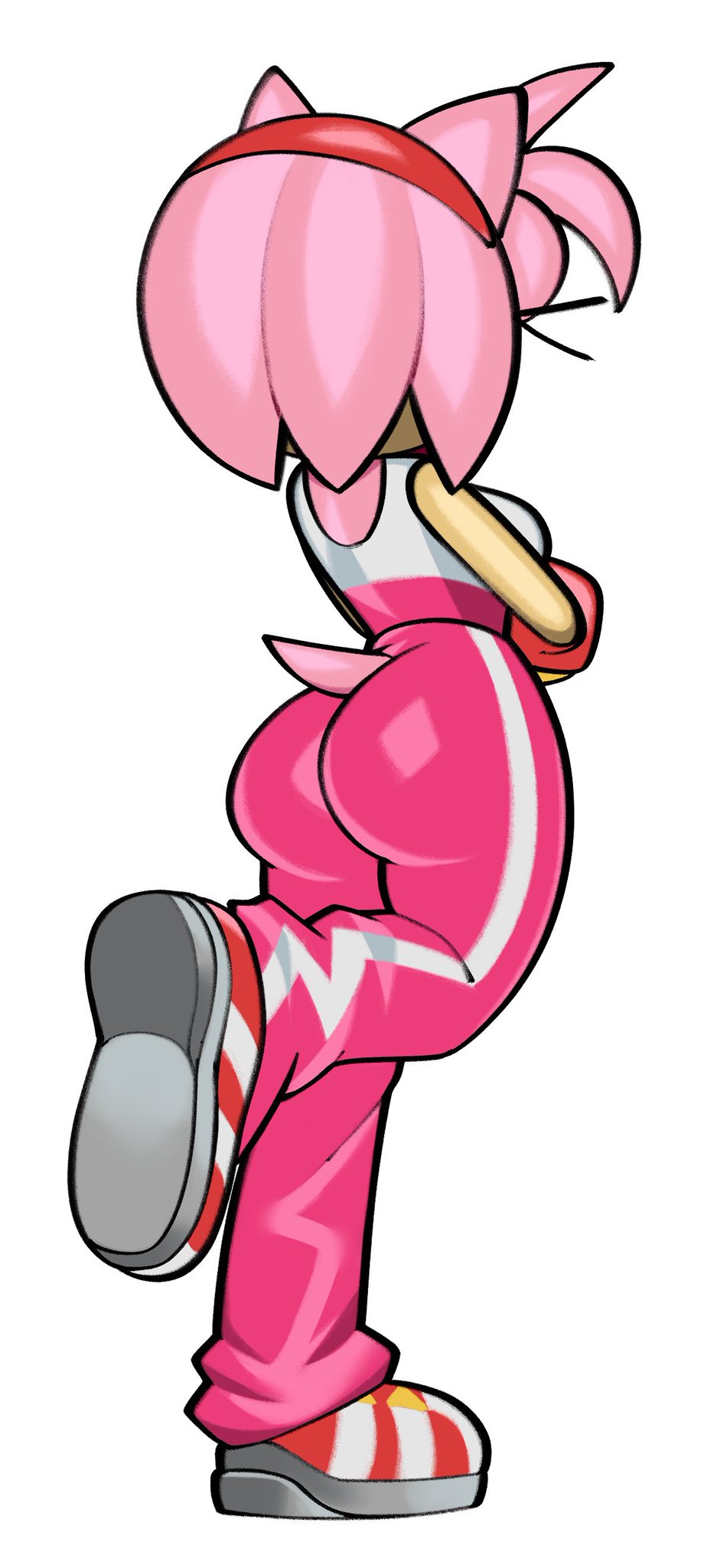 1girls, amy rose, amy rose (riders), animal ears, ass, ass focus, bottom heavy, bottom heavy female, breasts, bubble butt, female, female only, fiinel, fiinelrush, from behind, full body, furry, furry female, hairband, hedgehog girl, highres, leg lift, leg up, official alternate costume, pants, pink fur, pink hair, pink pants, red hairband, red shoes, shirt, shoes, short hair, sideboob, simple background, sleeveless, sleeveless shirt, sonic (series), sonic riders, sonic riders (series), sonic the hedgehog (series), tail, track pants, white background