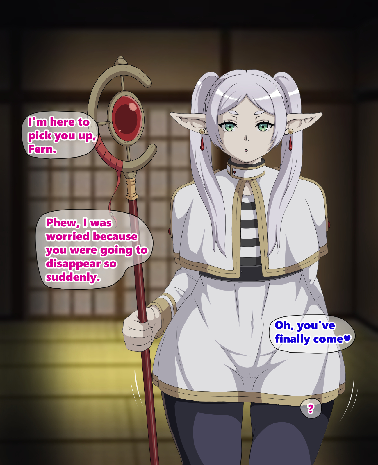 1girls, before transformation, clothed, dress, earrings, elf, elf ears, elf female, elf girl, english, english text, female, female only, frieren, frieren beyond journey's end, green eyes, magic, magic user, magic wand, panties, panties under dress, ponytail, rescue, soft skin, solo, solo female, sousou no frieren, suamado, text, text bubble, thick hips, thick thighs, tight clothes, transformation, trap (disambiguation), tunic, white hair, white skin