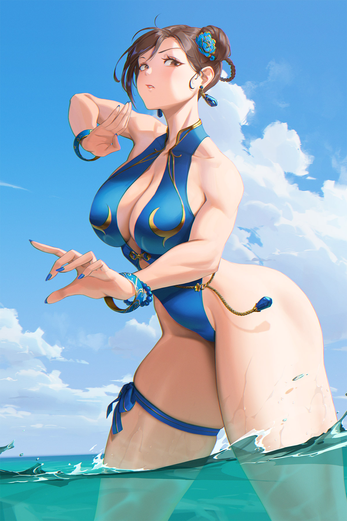 1girls, bare legs, blue nails, blue one-piece swimsuit, blue sky, breasts, brown eyes, brown hair, capcom, casual one-piece swimsuit, chun-li, cleavage, cloud, day, double bun, earrings, female, female only, fighting stance, hair bun, highleg, highleg one-piece swimsuit, highres, jewelry, large breasts, nail polish, nze7en, official alternate costume, one-piece swimsuit, outdoors, serious, sky, solo, standing, street fighter, street fighter 6, swimsuit, tall female, thick thighs, thighs, wading, water