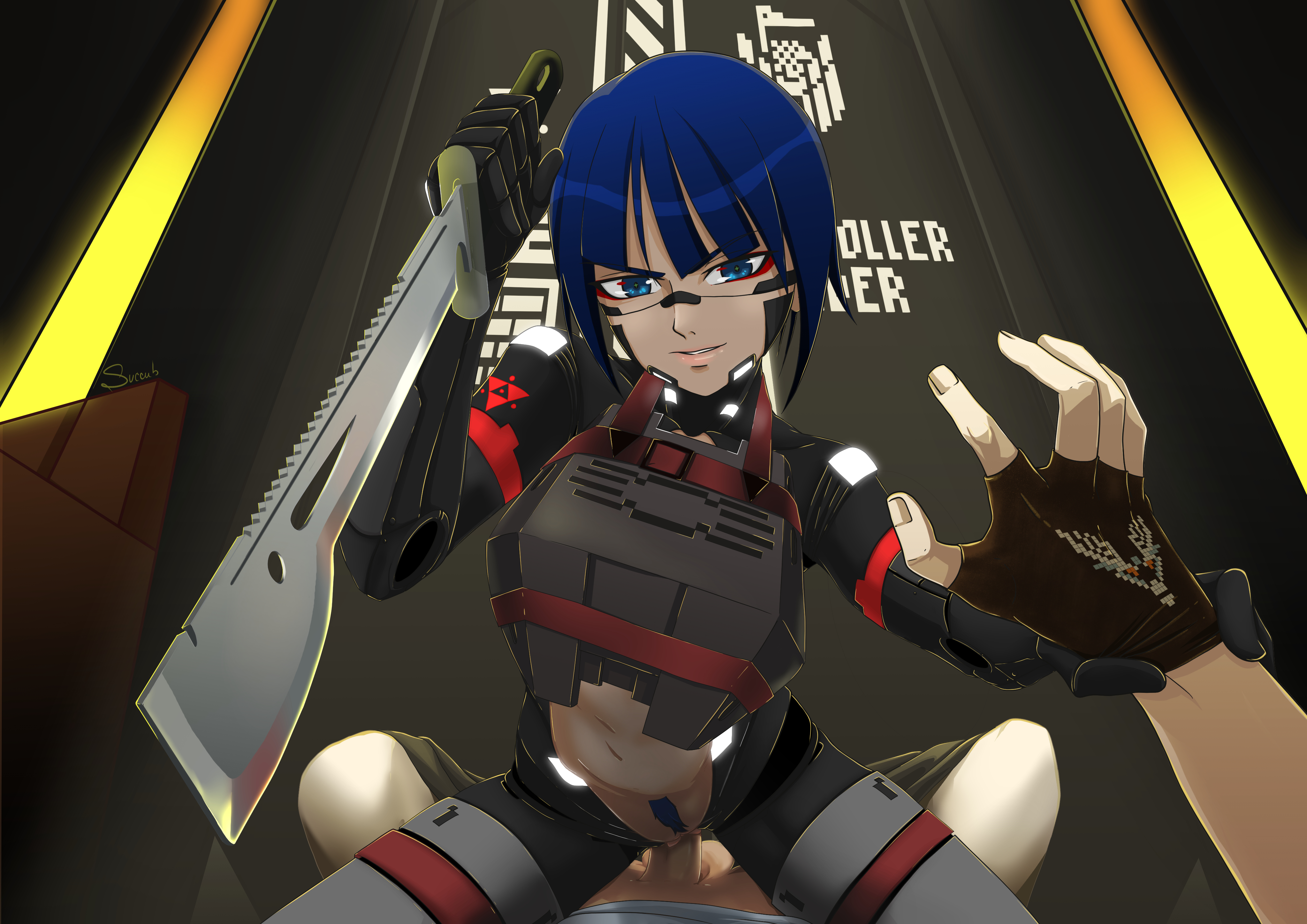 1boy, 1girls, aiming weapon, artist request, cowgirl position, emp lines, female, machete, male, penis, signalis, source request, star (signalis), straight, tagme, vaginal penetration