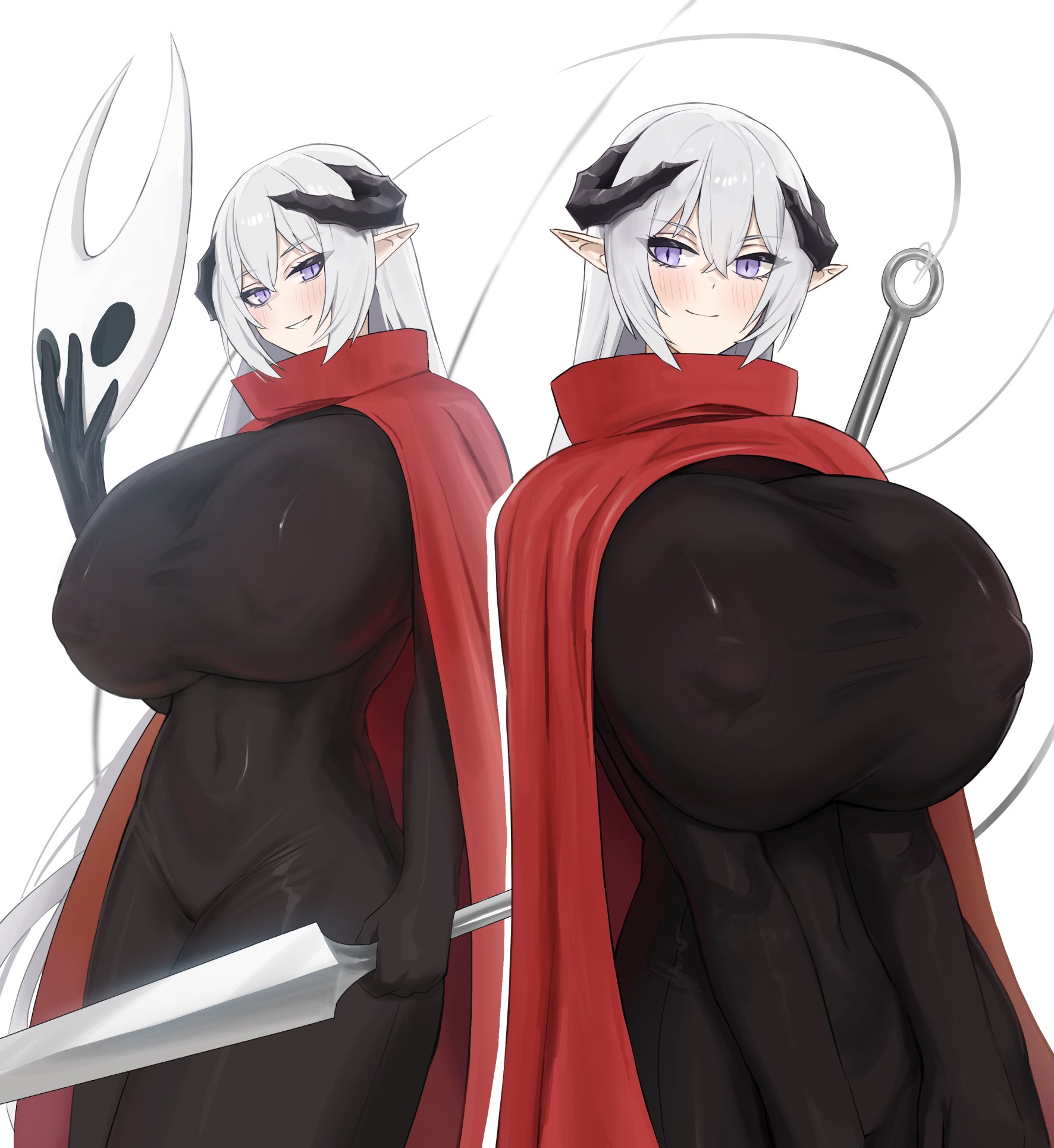 1girls, areola, ass, big areola, big ass, big breasts, big nipples, big thighs, black bodysuit, blush, bodysuit, breasts, butt, cleavage, cosplay, demon, demon girl, demon horns, demon wings, dotthebot, erect nipples, female, gigantic ass, gigantic breasts, gigantic thighs, highres, hollow knight, hornet (hollow knight) (cosplay), horns, huge areola, huge ass, huge breasts, huge nipples, huge thighs, jpeg, long hair, mask, multiple poses, navel, nipples, nipples visible through clothing, oc, original, pointy ears, purple eyes, solo, thick thighs, thighs, tongue, valenia (dotthebot), white background, white hair