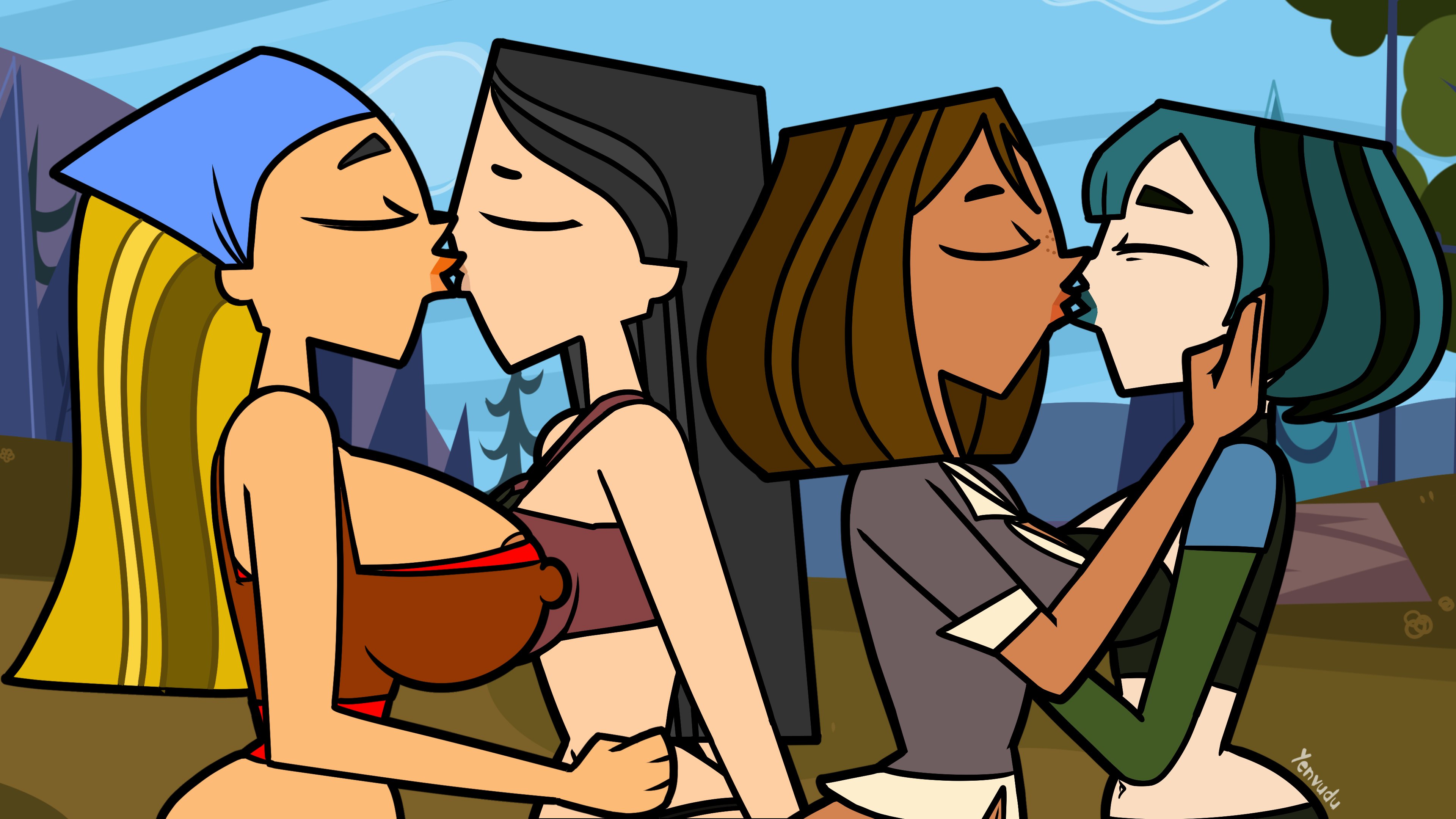2d, 4girls, big breasts, black hair, blonde hair, breasts, brown hair, busty, cartoon network, courtney (tdi), erect nipples, female, female focus, female only, green hair, gwen (tdi), heather (tdi), hourglass figure, kissing, lesbian, lesbian kiss, lindsay (tdi), long hair, nipple piercing, short hair, tagme, total drama island, wlw, yenvudu, yuri