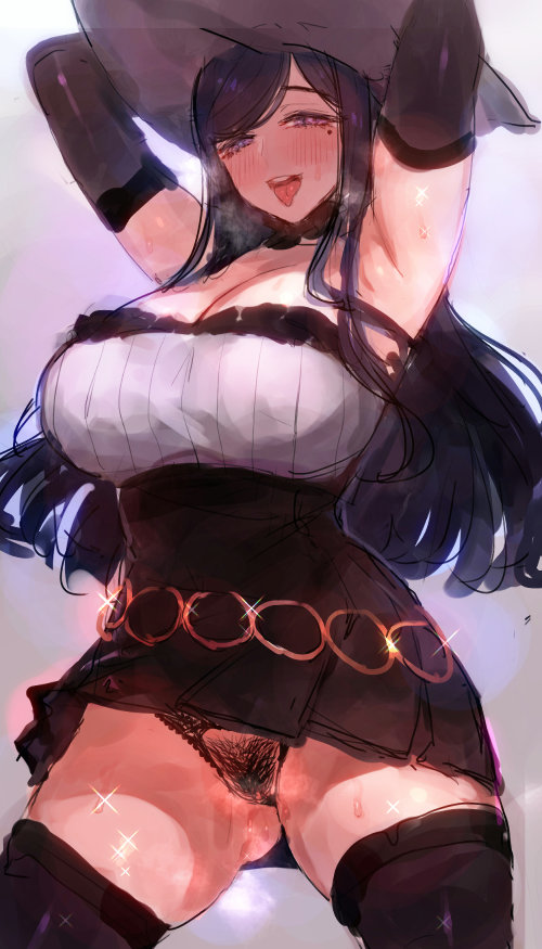 1girls, big breasts, blush, breasts, c.cu, cleavage, female, female only, female pubic hair, hairy pussy, large breasts, looking at viewer, open mouth, pubic hair, pussy, solo, solo female, thick, thick thighs, thighhighs, tongue, tongue out, voluptuous