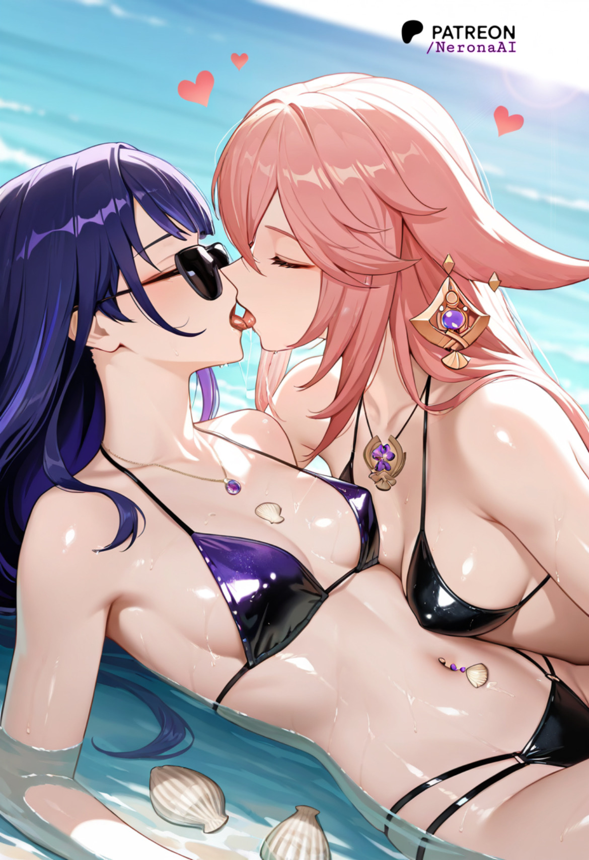 ai, ai assisted, ai generated, beach, bikini, female, french kiss, genshin impact, kissing, lesbian couple, love, neronaai, pink hair, purple hair, raiden shogun, saliva, saliva trail, summer, sunglasses, vacation, yae miko, yuri