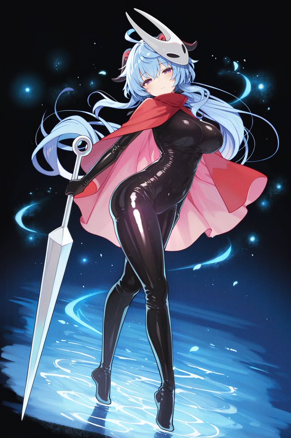 1girls, ai assisted, ai generated, black bodysuit, black latex, blue hair, bodysuit, cape, diagonal angle, female, female only, ganyu (genshin impact), genshin impact, hollow knight, hollow knight: silksong, hornet (hollow knight) (cosplay), jpeg, latex, latex clothing, latex suit, pink cape, shiny clothes, solo, tiptoes, twitter, unajyu