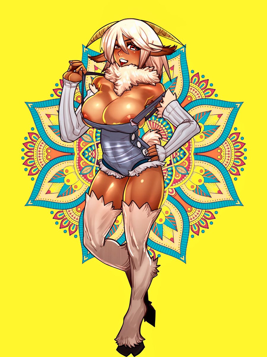 animal_ears animal_legs animal_tail areola_slip areolae arm_warmers blonde_hair breasts breasts_out caprine cheunchin dark-skinned_female dark_skin detached_sleeves farmer farmgirl female full_body fur fur_trim hair_between_eyes hand_on_hip hooves horns large_breasts looking_at_viewer monster_girl monster_musume_no_iru_nichijou nipples off_shoulder overalls platinum_blonde_hair pointy_ears red_eyes saane_(monster_musume) satyr short_hair solo tail tongue tongue_out white_hair zaane