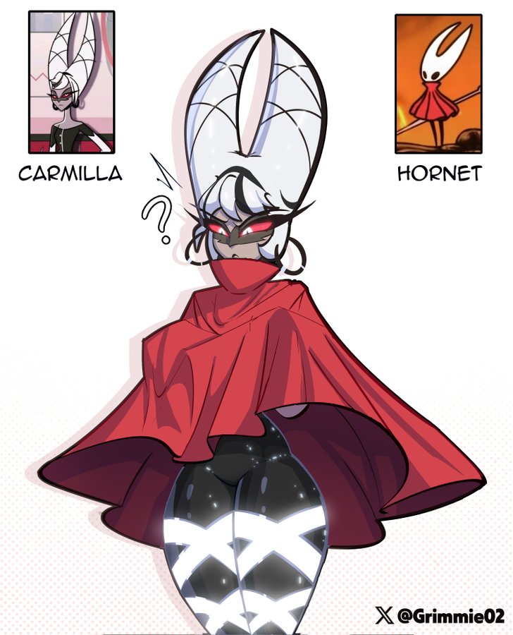 carmilla carmine, cosplay, fusion, grimmie02, hazbin hotel, hollow knight, hollow knight: silksong, hornet (hollow knight), hornet (hollow knight) (cosplay), silksong, tagme, thick thighs, thighs