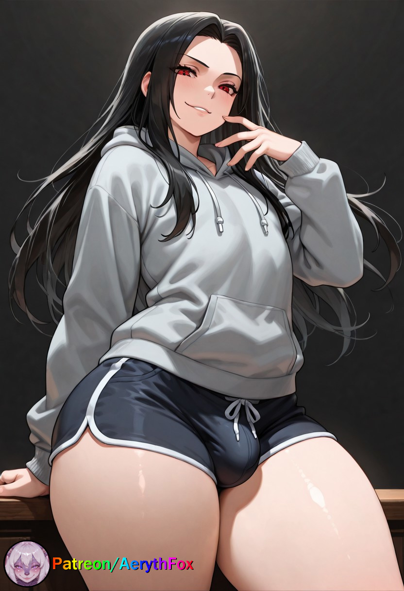 1boy, aerythfox, ai, ai art, ai generated, black background, black hair, crop top, femboy, guilty gear, long hair, looking at viewer, male, otoko no ko, otokonoko, patreon, patreon username, red eyes, sexy, shorts, simple background, solo, solo focus, solo male, testament (guilty gear), wide hips