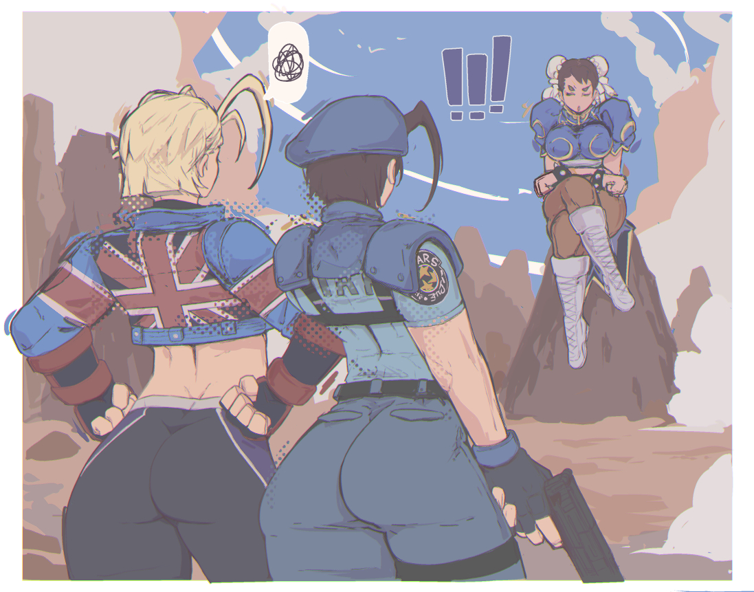 3girls, 7 passes, ass, beret, blonde hair, breasts, brown hair, cammy white, cammy white (street fighter 6), capcom, chun-li, crossover, female, female only, huge ass, jill valentine, large breasts, pants, pantyhose, resident evil, short hair, street fighter, street fighter 6, street fighter ii