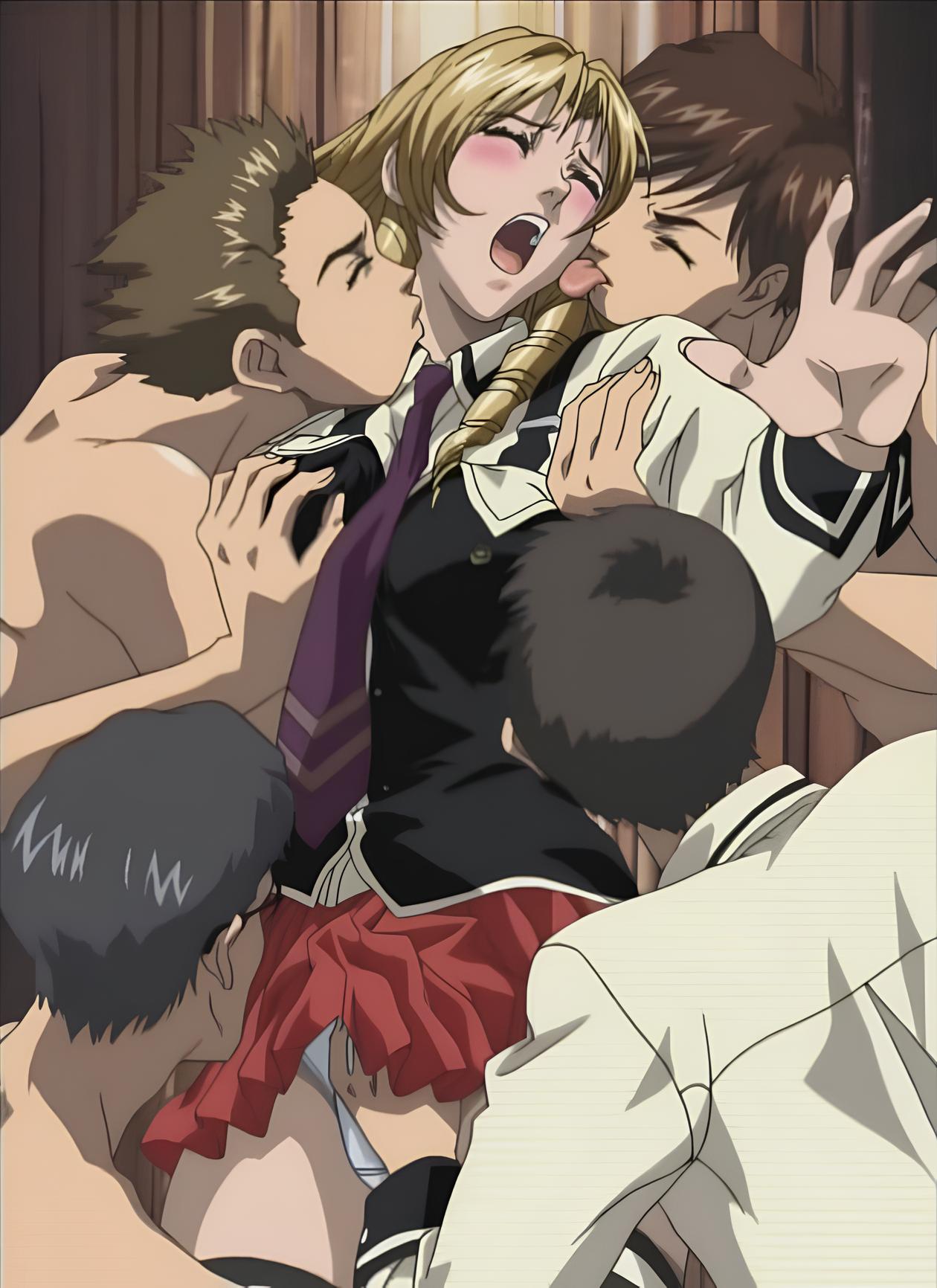 1girls, 4boys, about to be raped, academy uniform (bible black), assisted exposure, begging, begging to stop, bible black, black hair, blonde hair, blush, breast grab, breasts, brown hair, classmates, closed eyes, clothed female nude male, clothing, curvaceous, curvy, curvy female, curvy figure, defenseless, dominant, dominant male, domination, drill sidelocks, dubious consent, embarrassed, female, glasses, grabbing from behind, high resolution, horny, imminent gangbang, imminent group sex, imminent rape, imminent sex, kissing, kissing neck, licking, licking body, licking neck, long hair, long sleeves, male, molestation, multiple boys, multiple males, open mouth, panties, pervert, pervert female, pleated skirt, reach around, reaching out, reaching towards viewer, restrained, screaming, screencap, sexual assault, sexual harassment, shiraki rika, shirt, skirt, stockings, submissive, submissive female, surrounded, surrounded by men, suspenders, teamwork, teenage female, teenager, thighhighs, underwear, undressing, vest