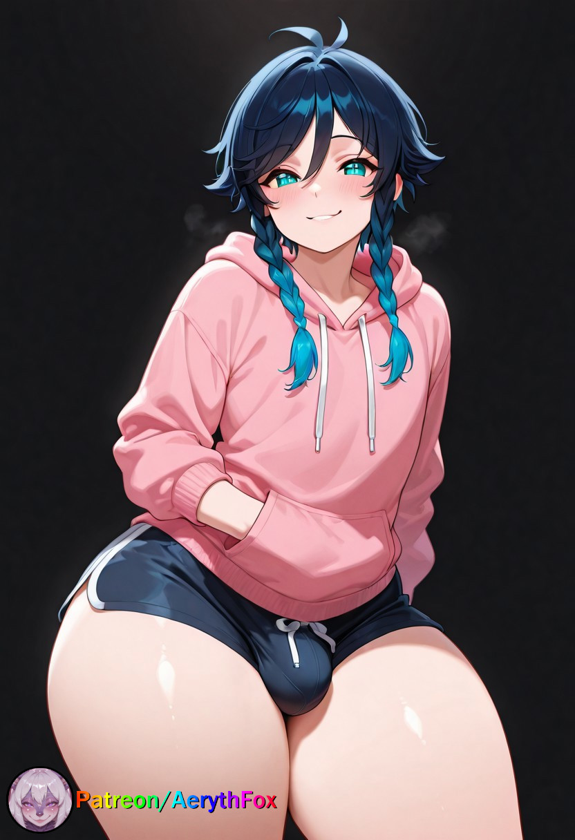 1boy, aerythfox, ai, ai art, ai generated, black background, blue hair, crop top, femboy, genshin impact, green eyes, light-skinned male, looking at viewer, male, male only, otoko no ko, otokonoko, patreon, patreon username, penis, sexy, shorts, simple background, solo, solo focus, solo male, venti (genshin impact), wide hips