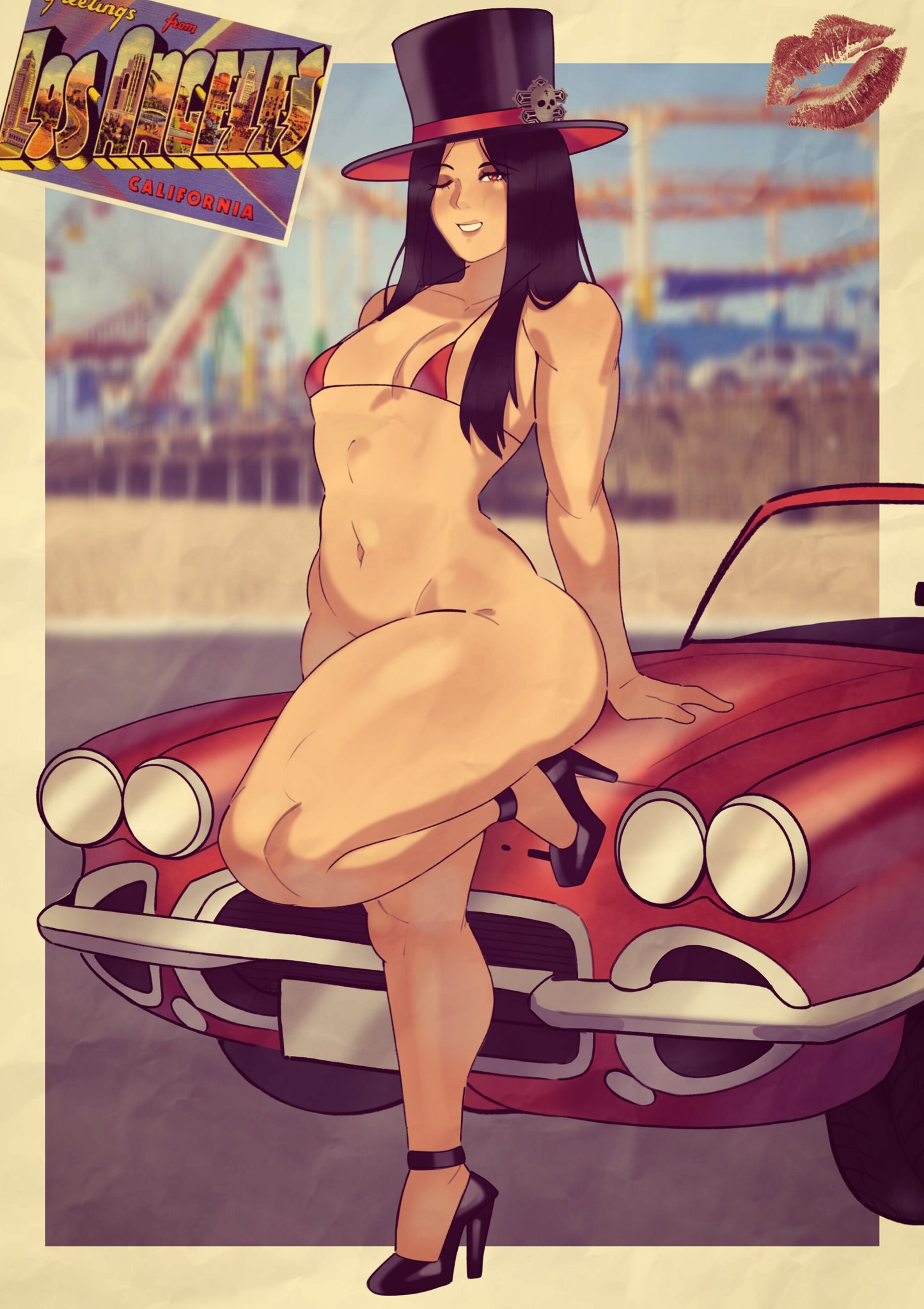 1960s, 1boy, 2d, 60s, alternate version available, ambiguous gender, androgynous, arc system works, background, bare legs, bare thighs, beach, bikini, bikini top, bottomless, car, card, color, corvette, crossdressing, femboy, femboy only, full color, gay, goth, guilty gear, guilty gear strive, hat, high heels, johnv, long hair, los angeles, male, male only, micro bikini, model pose, modeling, otoko no ko, photography (artwork), pinup, pinup pose, postcard, poster, pumps, solo, solo male, testament (guilty gear), thick thighs, thighs, top hat, trap, wink