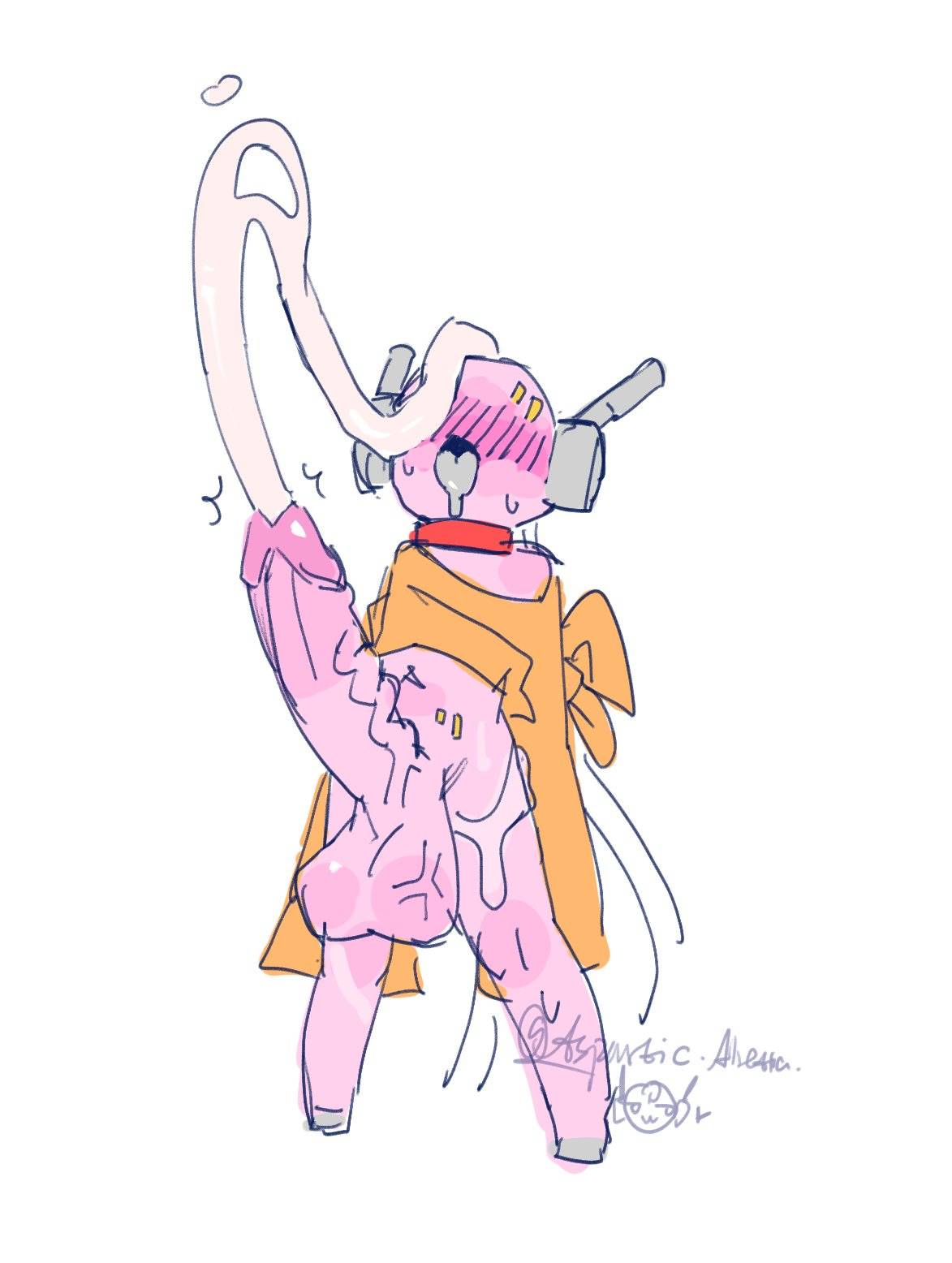 1boy, alretta (artist), antennae (anatomy), balls, blush, blush lines, blushing, cock, cock vore, collar, cum on face, cumming, drooling, excessive cum, facial markings, feminine male, five pebbles (rain world), forehead mark, hips, hooves, huge balls, huge cock, hyper, hyper penis, iterator (rain world), male, male focus, male only, open mouth, orgasm, overstimulation, penis, pink body, pink skin, rain world, robe, robot, robot boy, robot humanoid, shaking, standing, sweat, sweatdrop, sweating, thick cum, tongue, tongue out, trembling, twink, veiny, veiny penis, vore, wire