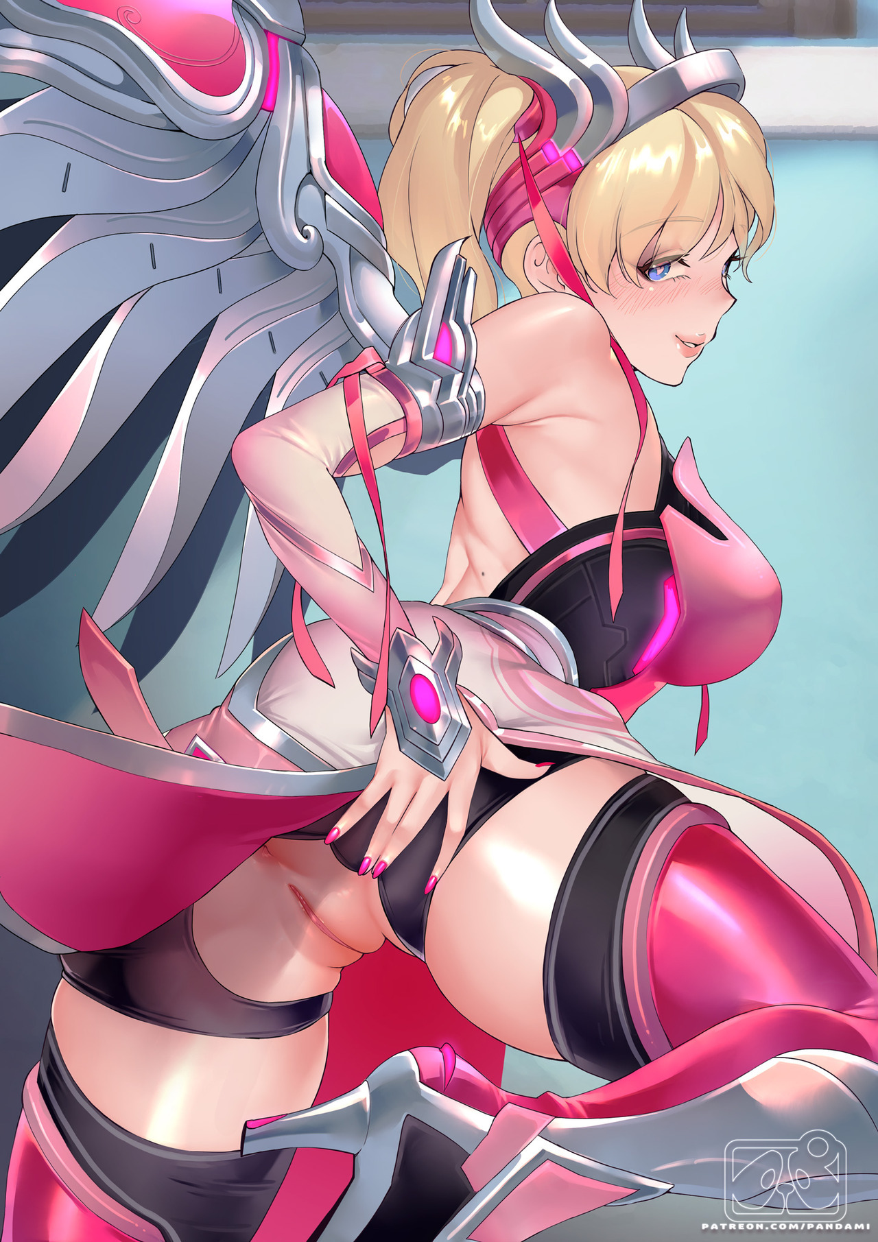 1girls, alternate costume, anus, ass, blonde hair, breasts, cleavage, exposed pussy, female, female only, fully clothed, heart-shaped pupils, mercy, nail polish, overwatch, pandami, pink mercy, pink nails, pussy, solo