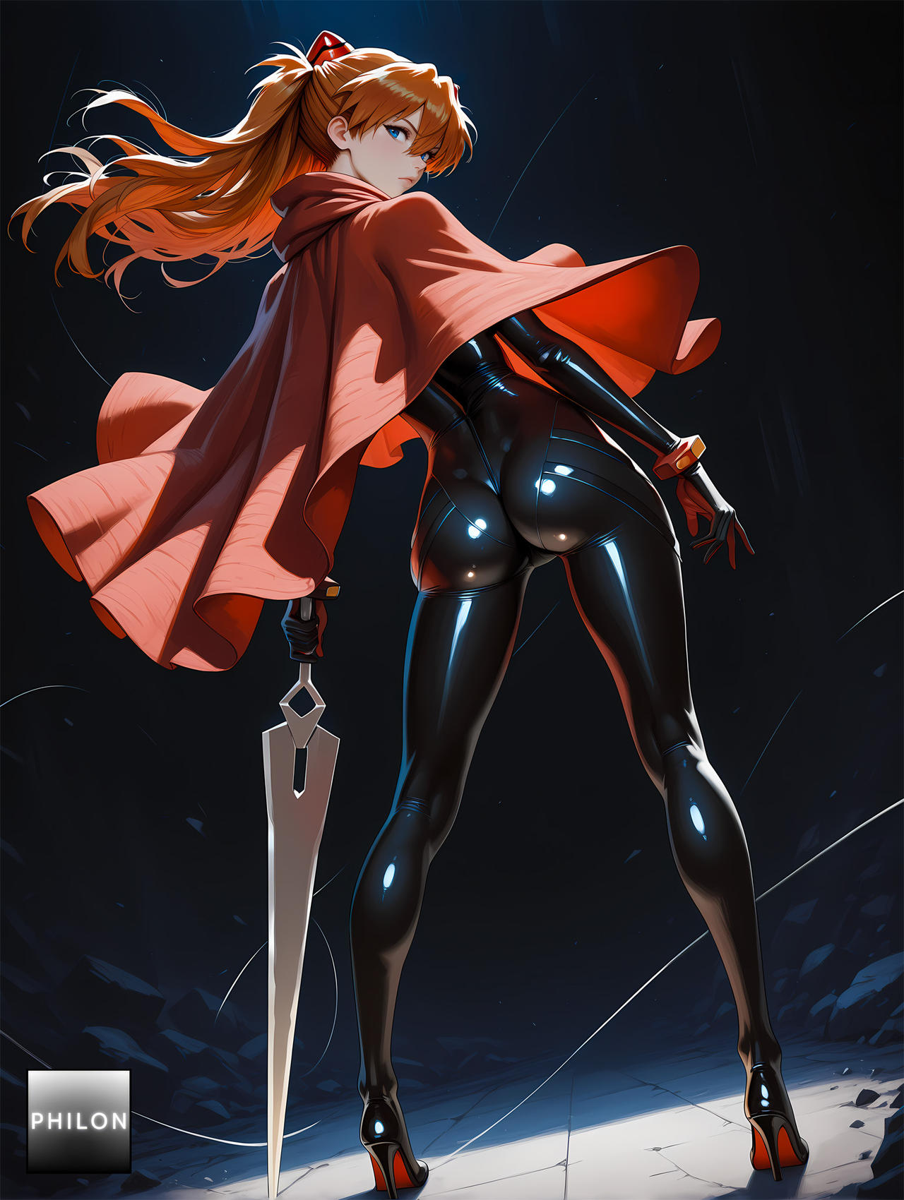 1girls, ai generated, asuka langley sohryu, big ass, big breasts, big thighs, black bodysuit, black latex, bodysuit, breasts, cosplay, curvaceous, curvy, curvy figure, diagonal angle, digital media (artwork), female, female only, high heels, hips, hollow knight, hollow knight: silksong, hornet (hollow knight) (cosplay), hourglass figure, huge ass, huge breasts, huge thighs, jpeg, large ass, large breasts, large thighs, latex, latex clothing, latex suit, legs, light skin, light-skinned female, mature, mature female, neon genesis evangelion, philon, slim waist, solo, stiletto heels, team cherry, thick, thick hips, thick legs, thick thighs, thighs, voluptuous, waist, wide hips, wide thighs