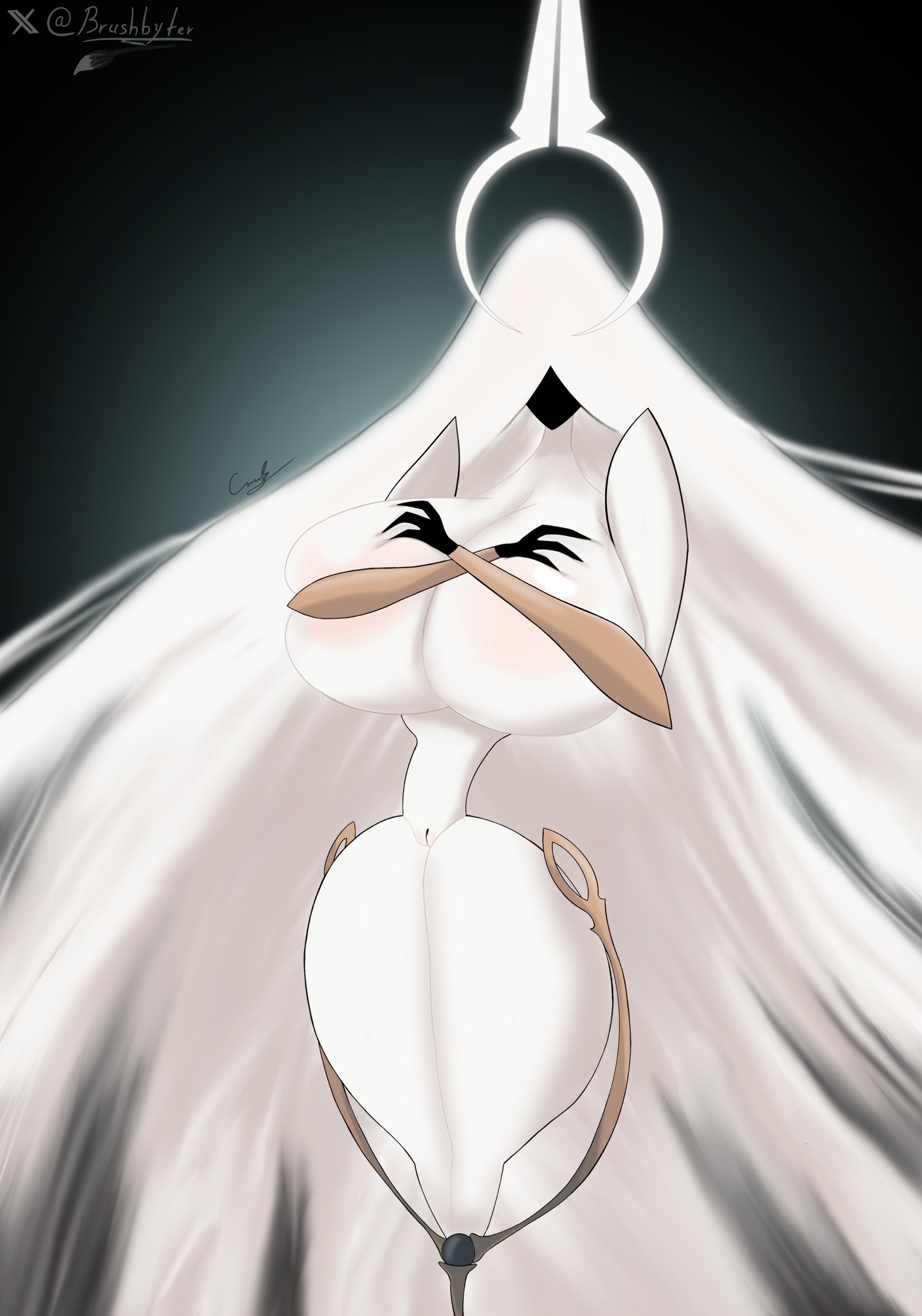 1girls, 2025, absurdly long hair, breasts, brushbyter, covering, female, grand mother silk, hi res, hidden face, hollow knight, hollow knight: silksong, huge breasts, pale skin, silk, slim waist, symbol, thick thighs, thighs, voluptuous, white hair