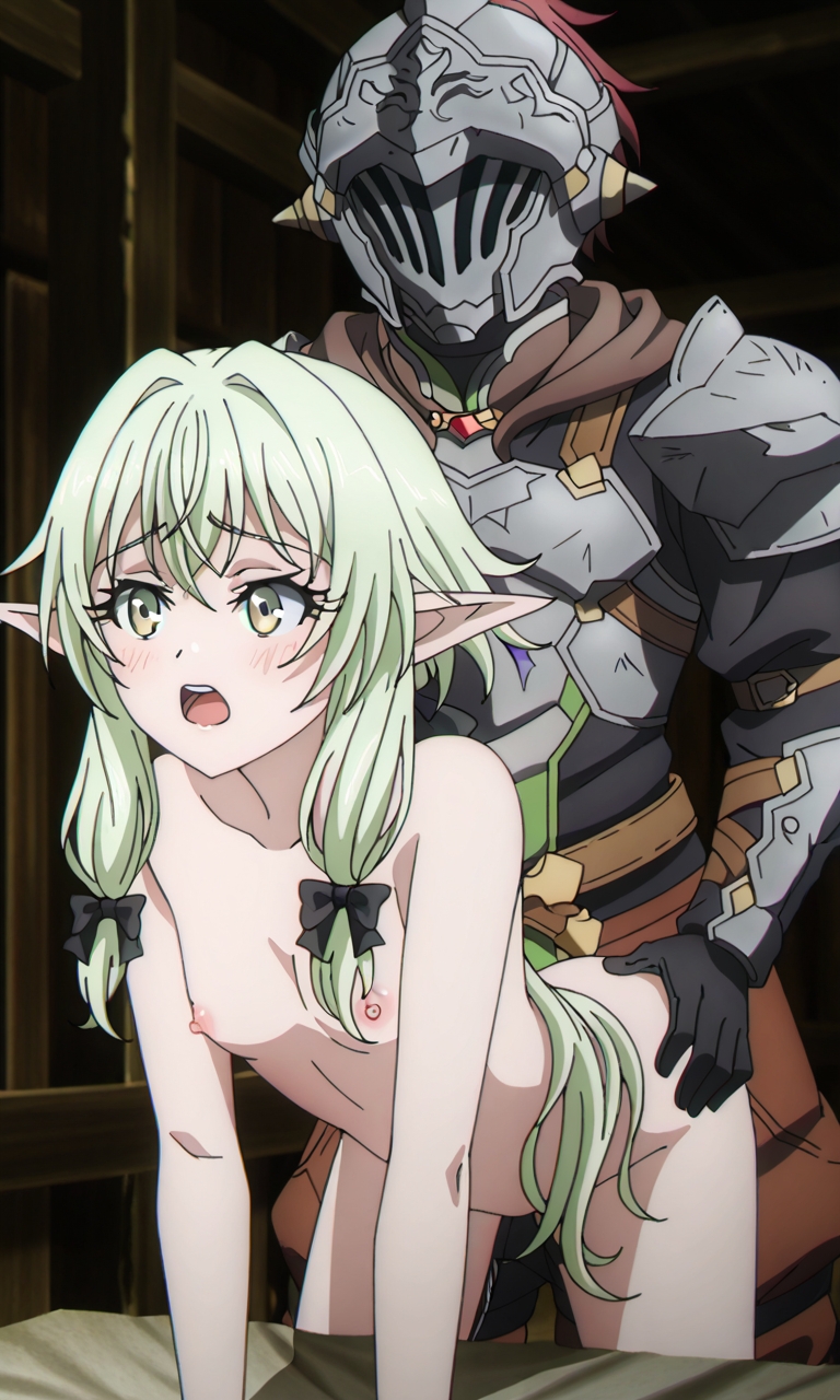 1boy, 1girls, adventurer, ai generated, doggy style, elf, female, goblin slayer, goblin slayer (goblin slayer), high elf archer (goblin slayer), male