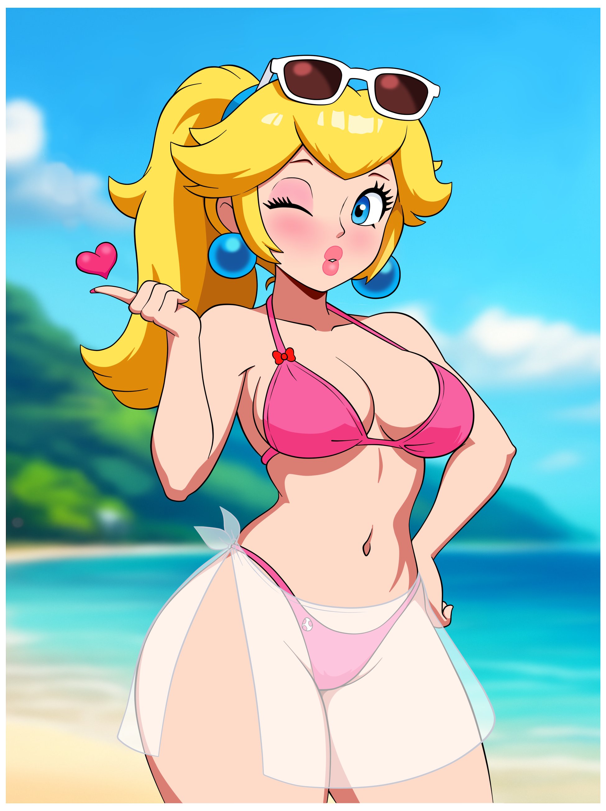 1girls, beach, beach background, big breasts, bikini, blinking, blonde female, blonde hair, blonde-haired female, blowing kiss, blue eyes, blush, blushing female, breasts, busty, child bearing hips, cleavage, curvaceous, curvy, curvy figure, curvy hips, female, female focus, female only, hand on hip, heart, heart symbol, hot, hot girl, human, human only, legs, light skin, light-skinned female, long hair, mario (series), navel, one eye closed, panties, pear shaped female, pear-shaped figure, pink bikini, ponytail, pose, posing, princess, princess peach, sarong, seductive, seductive look, sensual, sexy, sexy pose, sunglasses, sunglasses on head, super mario bros., swimsuit, thick thighs, thighs, thong bikini, toned, video games, wide hips, wide thighs, wink, woomy1010
