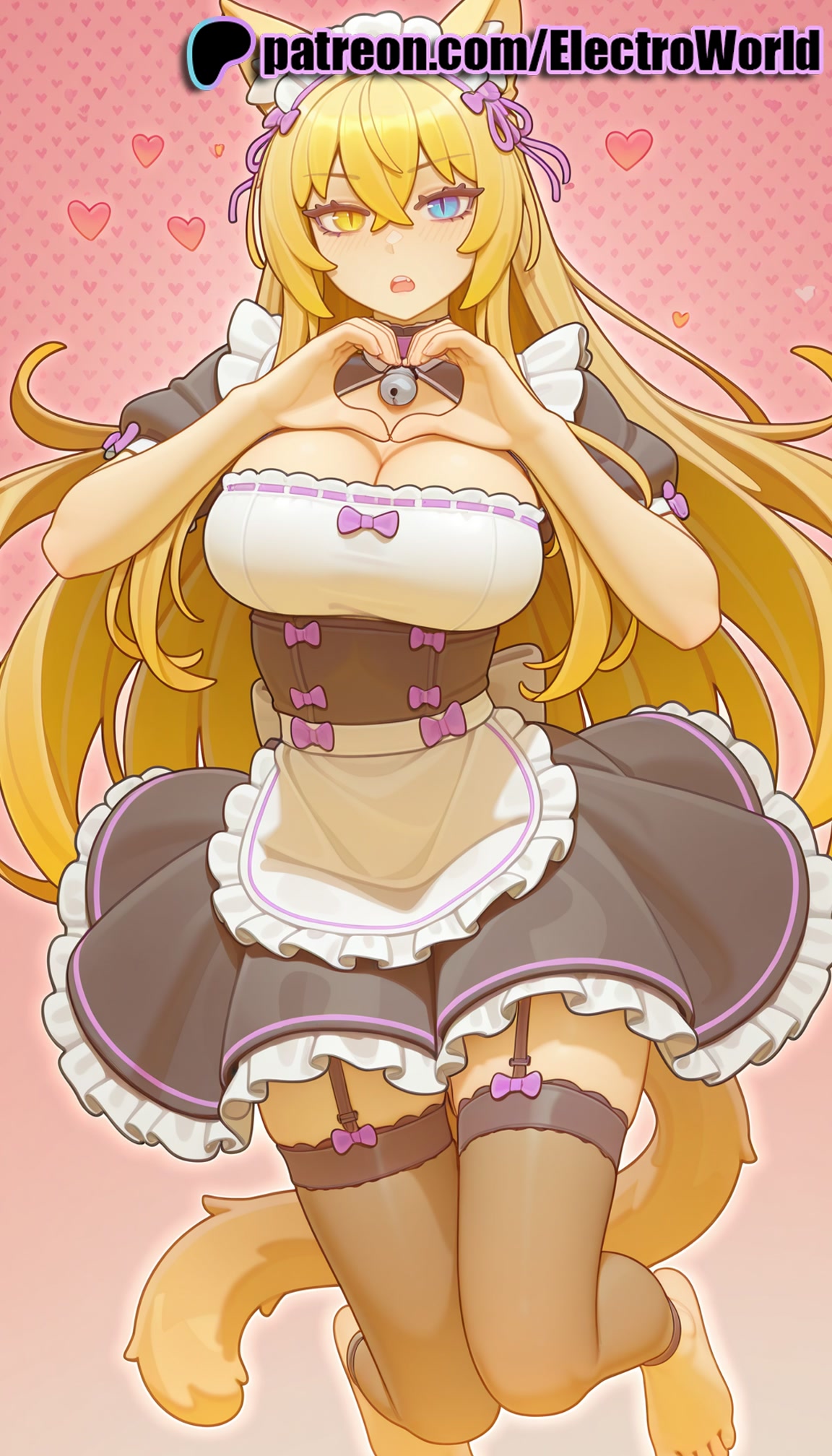 1girls, 2025, ai generated, animal ears, artist name, blue eyes, breasts, bust, chest, coconut (sayori), dog ears, dog tail, electroworld, fake tail, female, garter belt, garter straps, gradient, gradient background, heart, heterochromia, hi res, high quality, high resolution, highres, long hair, maid, maid headdress, nekopara, patreon, patreon username, pink background, sayori, solo, stable diffusion, tail, thighhighs, watermark, yellow eyes