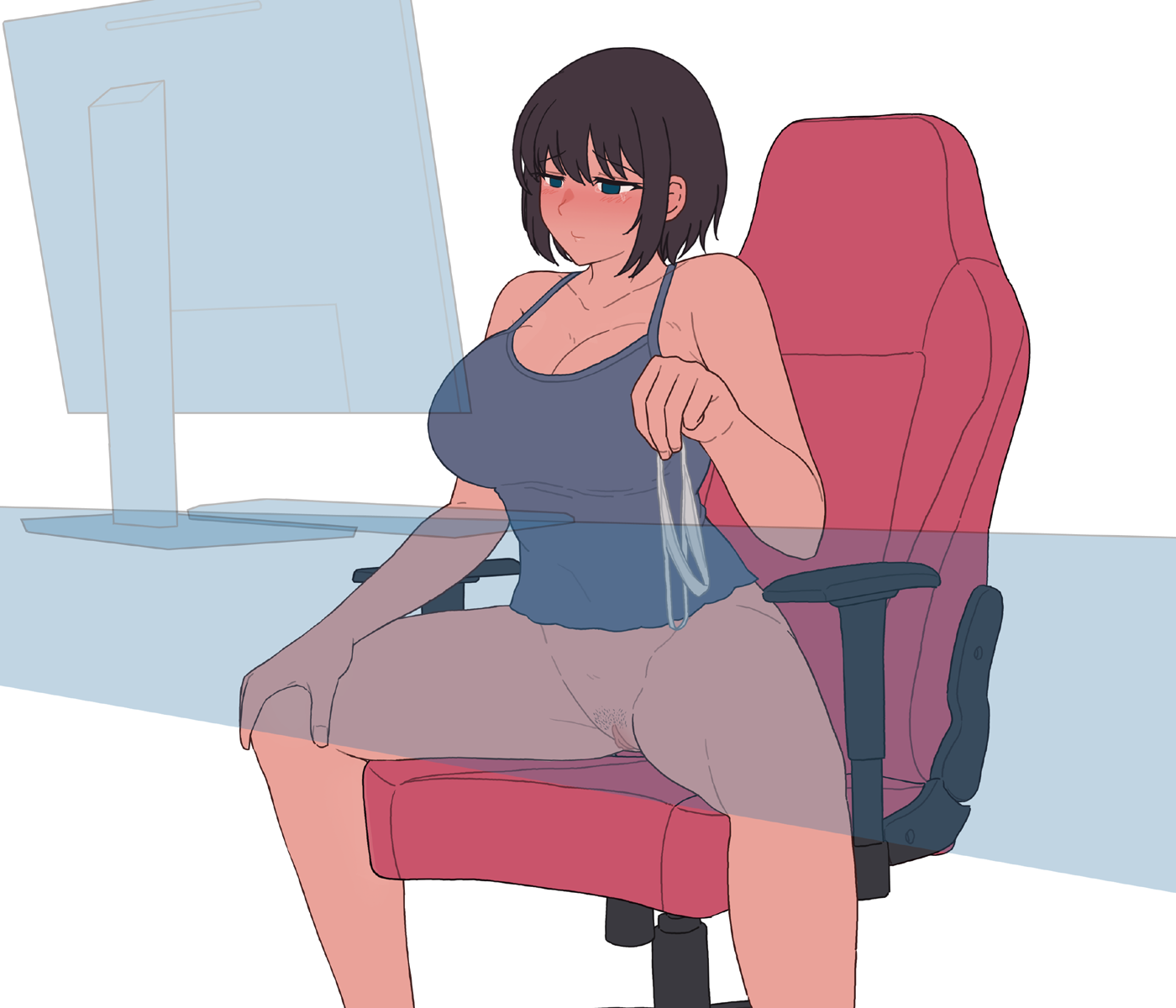 1girls, blue eyes, blush, brown hair, chair, desk, female, female only, gaming chair, headset, highres, holding panties, jm (pixiv 16769443), looking at screen, monitor, panties, panties removed, pussy, shaved pussy, sitting, spread legs, thighs, thong, translucent, white panties, white thong