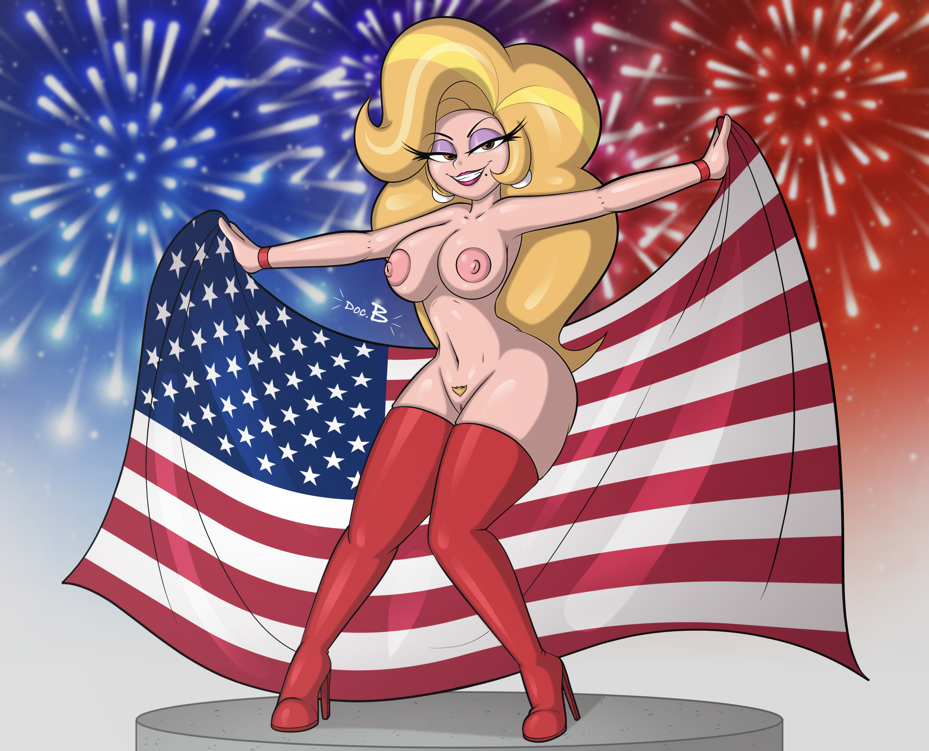 4th of july, blonde hair, breasts, detailed background, doc.b, female, hair, helluva boss, human, martha (helluva boss), milf, naked footwear, nude, open mouth, open smile, pussy, solo, straight, teeth, thick thighs