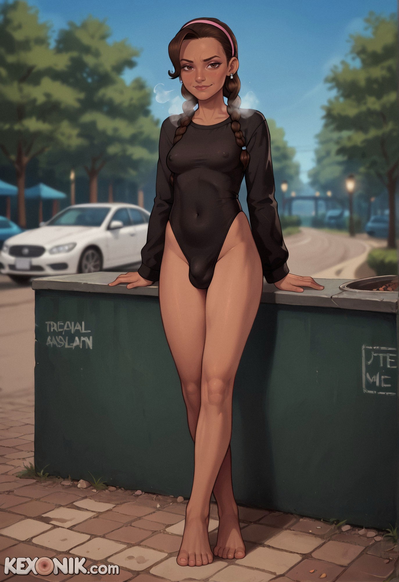 1futa, ai generated, alejandra (overwatch), balls, big nipples, blizzard entertainment, braid, braids, breasts, brown hair, bulge, clothed, covered breasts, covered nipples, crossed legs, cute face, dark skin, dickgirl, feet, full body, futa only, futanari, headband, heavy breathing, intersex, kexonik, looking at viewer, medium breasts, narrowed eyes, overwatch, overwatch 2, petite, petite body, pink headband, revealing clothes, sagging breasts, scrotum, skinny, slim, smirk, soles, solo, standing, toes, twin braids, unamused